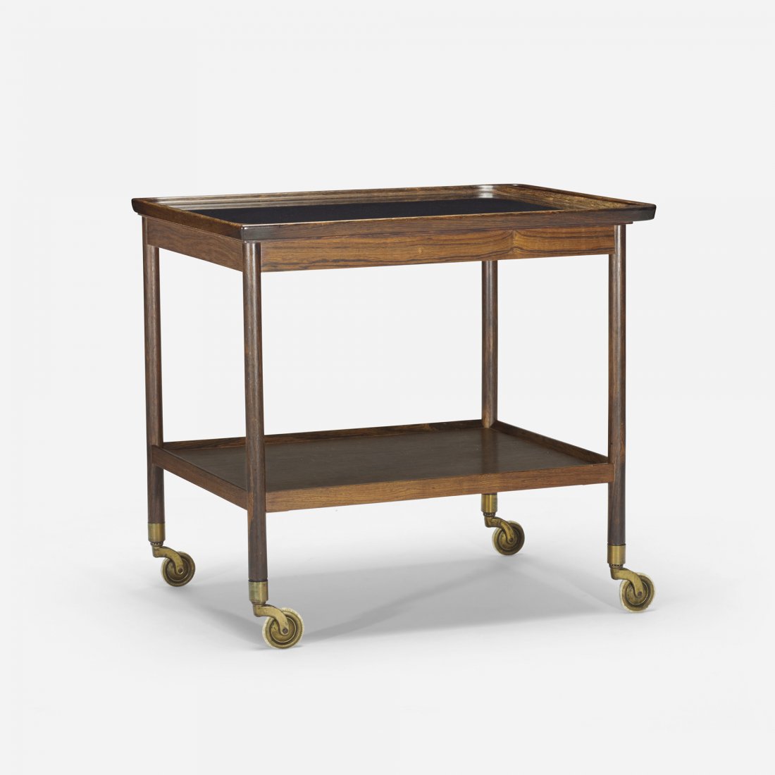 Ludvig Pontoppidan tea cart: Ludvig Pontoppidan tea cart Denmark, c. 1955 rosewood, laminate, brass, rubber 27.25 w x 19.5 d x 25 h inches Signed with decal manufacturer's label to underside: [Kobenhavn L. Pontoppidan Danmark].