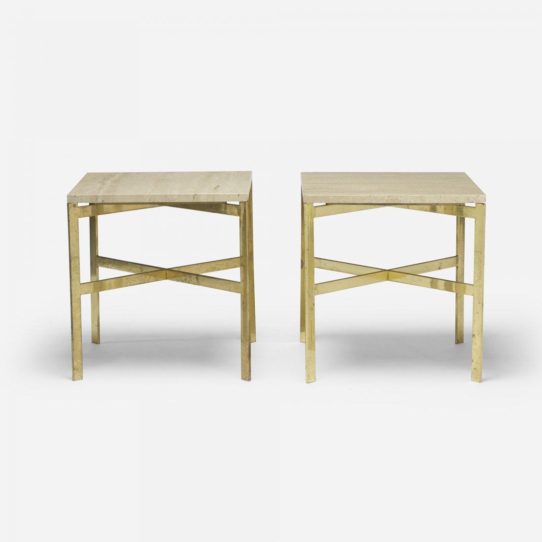 In the manner of Harvey Probber end tables, pair: In the manner of Harvey Probber end tables, pair USA, c. 1955 travertine, brass 20 w x 20 d x 21.25 h inches