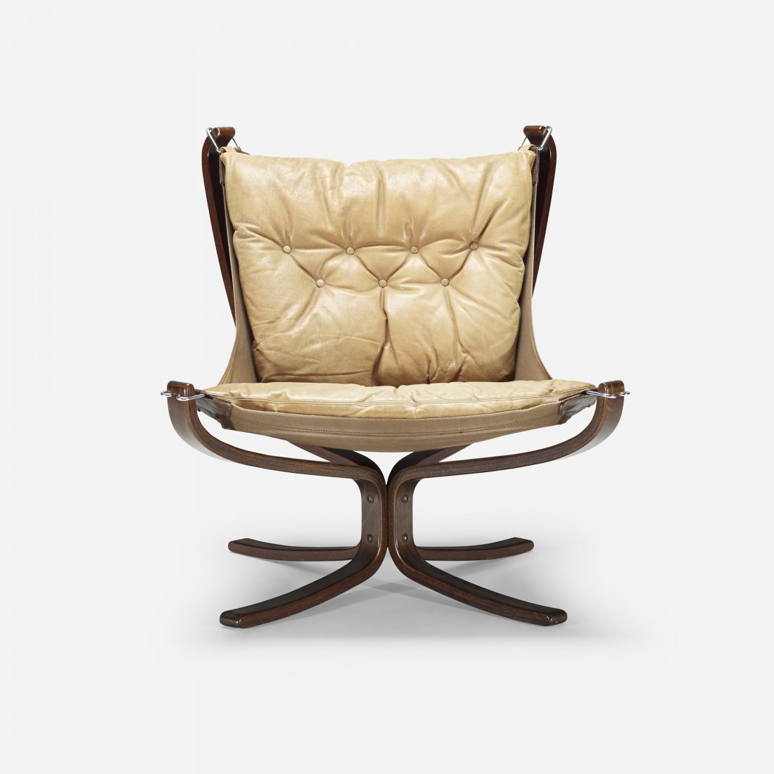 Sigurd Resell Falcon chair: Sigurd Resell Falcon chair Rybo AS Norway, 1971/c. 2000 leather, stained beech plywood, canvas, chrome-plated steel 30.75 w x 30.5 d x 31.5 h inches Literature: Norwegian Icons: Important Norwegian De