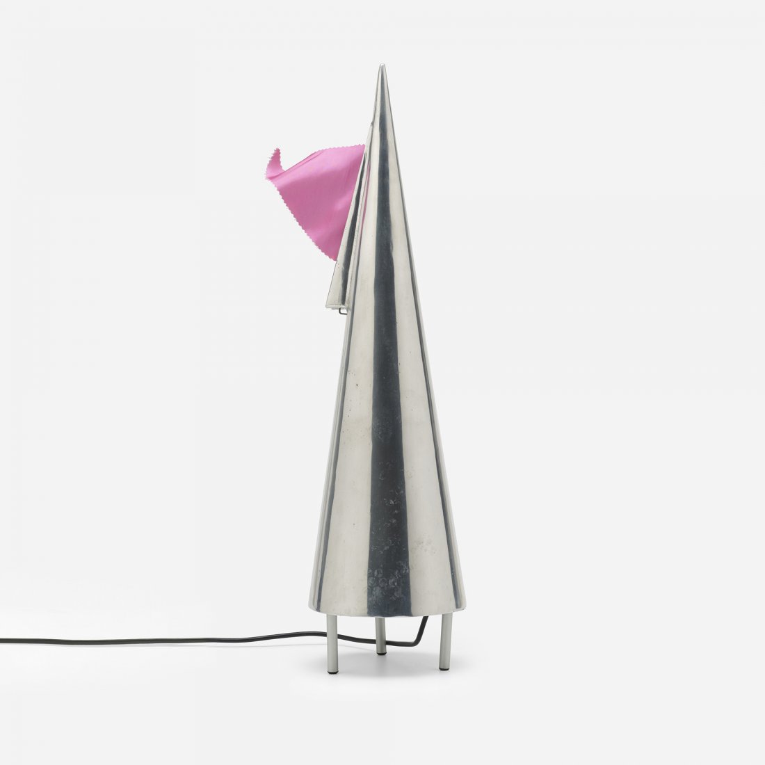 Denis Santachiara Maestrale table lamp: Denis Santachiara Maestrale table lamp Domodinamica Italy, 1981 aluminum, nylon 7 dia x 27 h inches This table lamp features an internal fan that makes the flag wave. Signed with decal manufacturer's