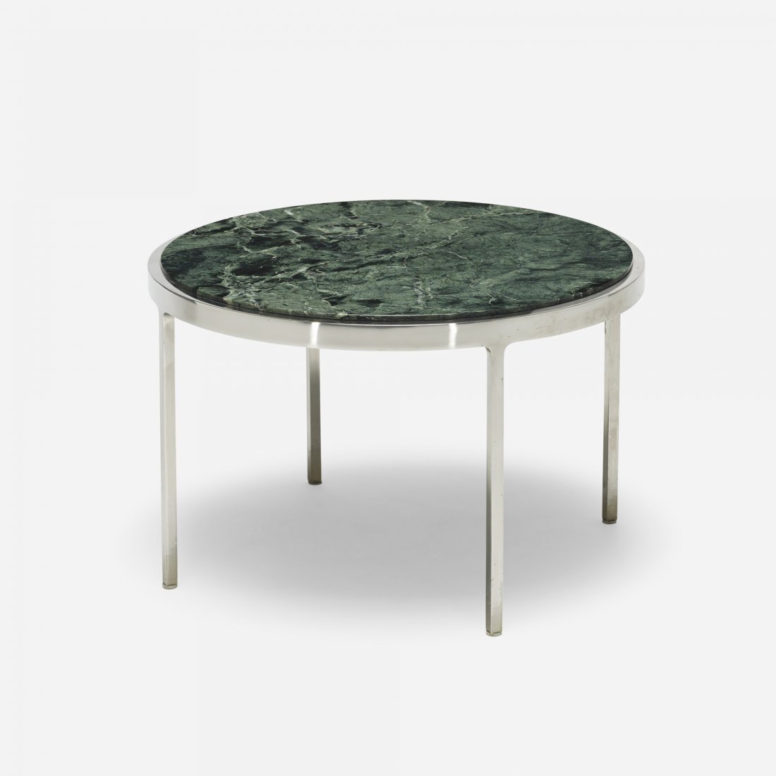 Schmieg & Kotzian table: Schmieg & Kotzian table c. 1970 marble, stainless steel 24 dia x 15.5 h inches Signed with paper manufacturer's label to underside: [From John Scalia Schmieg & Kotzian, Inc.].