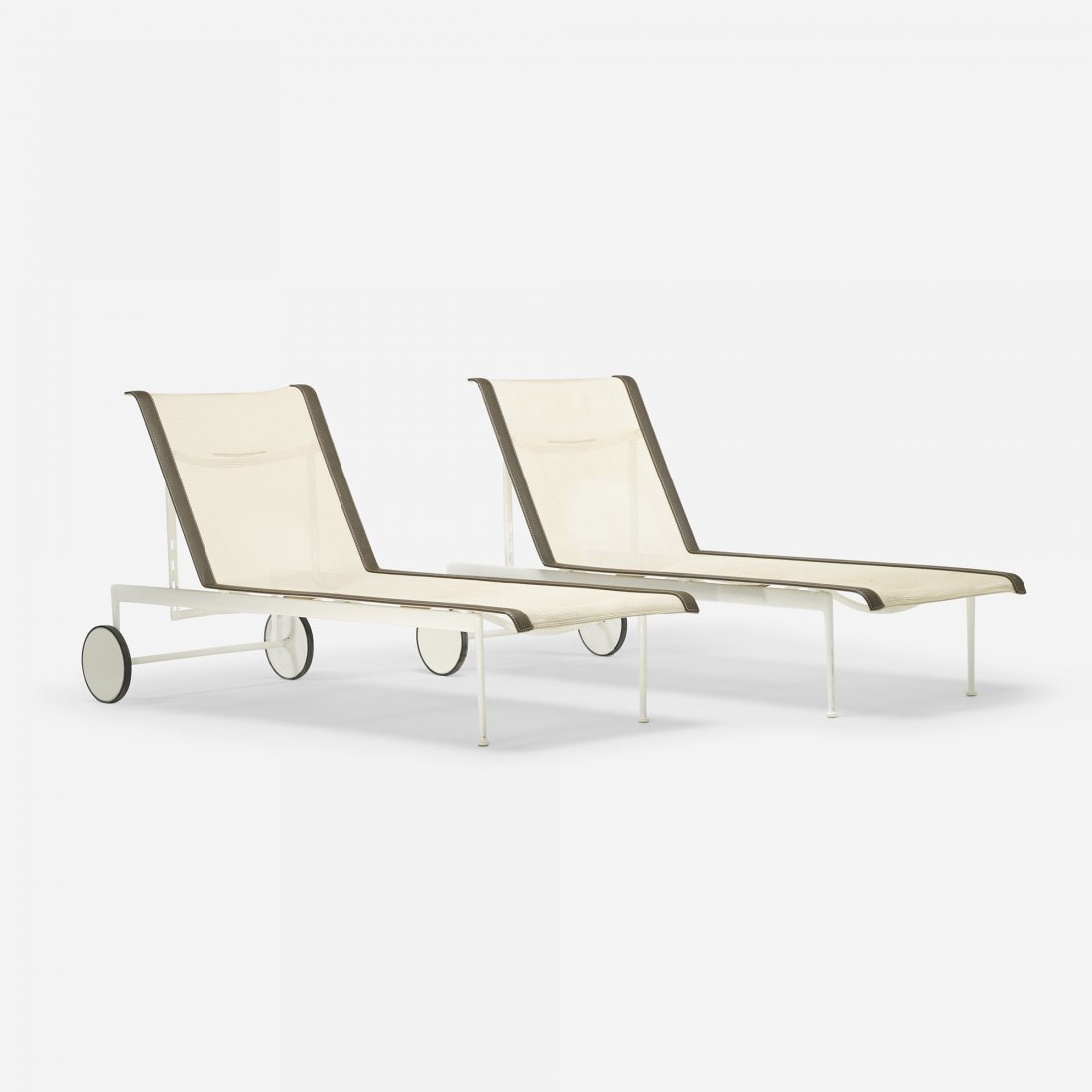 Richard Schultz 1966 adjustable chaises, pair: Richard Schultz 1966 adjustable chaises, pair Richard Schultz Design USA, 1966/c. 1995 enameled aluminum, nylon, leather, rubber 76.5 w x 27.25 d x 35.5 h inches