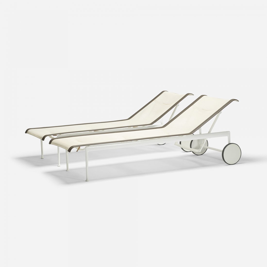 Richard Schultz 1966 adjustable chaises, pair: Richard Schultz 1966 adjustable chaises, pair Richard Schultz Design USA, 1966/c. 1995 enameled aluminum, nylon, leather, rubber 76.5 w x 27.25 d x 35.5 h inches