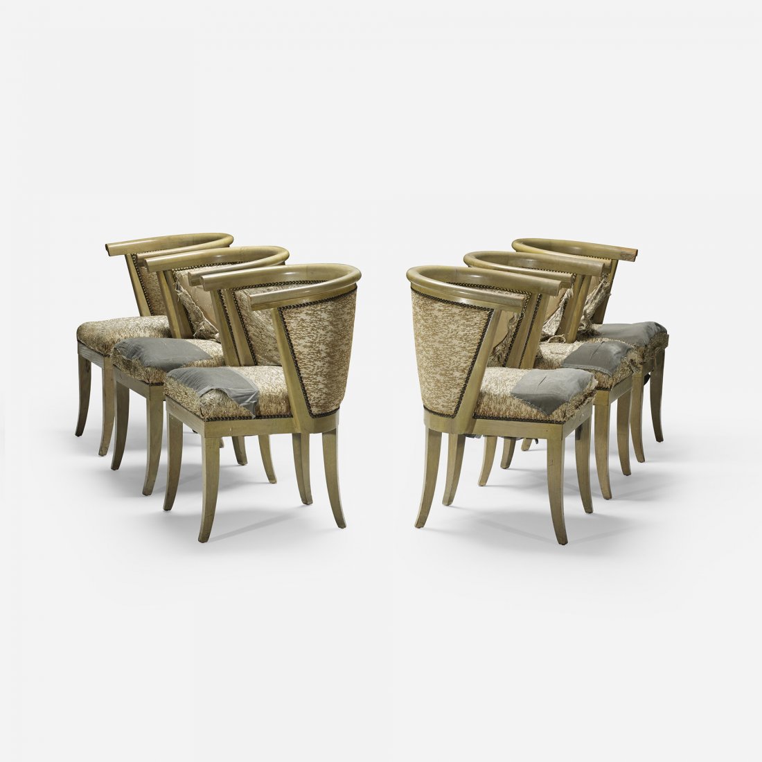 Harold Schwartz dining chairs, set of six: Harold Schwartz dining chairs, set of six Romweber Furniture Company USA, c. 1950 stained oak, upholstery, brass 23 w x 22 d x 31.5 h inches Signed with paper manufacturer's label to underside of thre