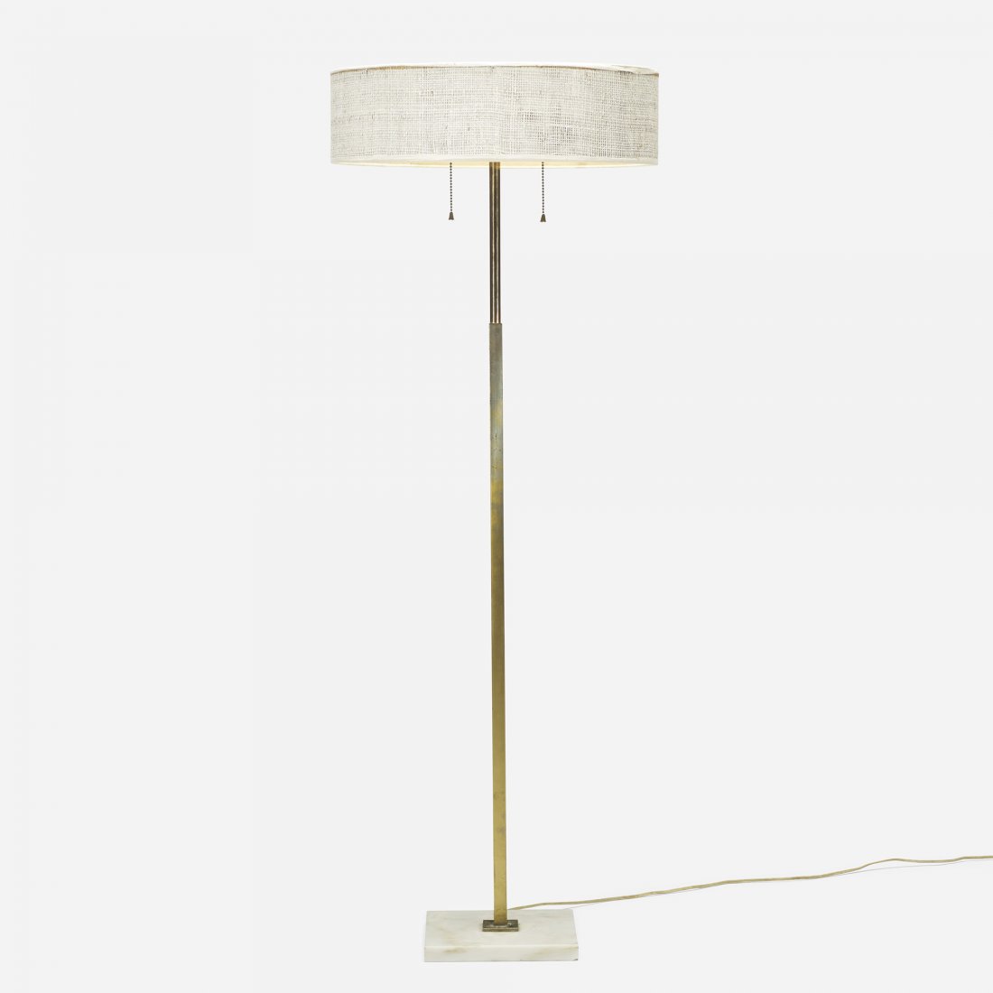 Stiffel floor lamp: Stiffel floor lamp USA, c. 1965 brass, marble, enameled steel, canvas 18.25 dia x 48.75 h inches Signed with decal manufacturer's label to fixture: [Stiffel].