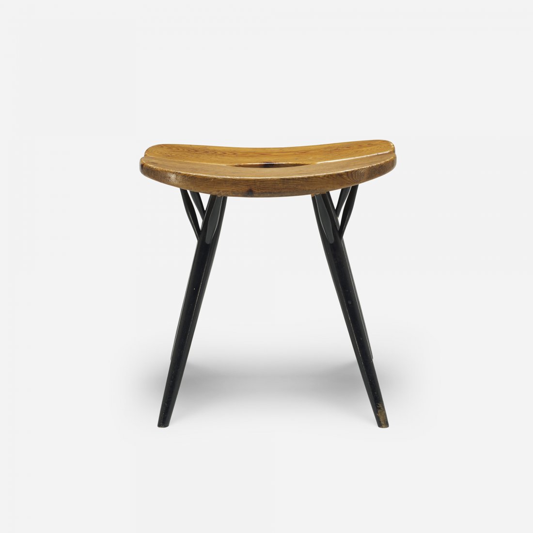Ilmari Tapiovaara Pirkka stool: Ilmari Tapiovaara Pirkka stool Laukaan Puu Finland, 1959 pine, lacquered wood 15 w x 15.5 d x 17 h inches Signed with branded manufacturer's mark to underside: [Tapiovaara Design LP Aukaapuu Made in F