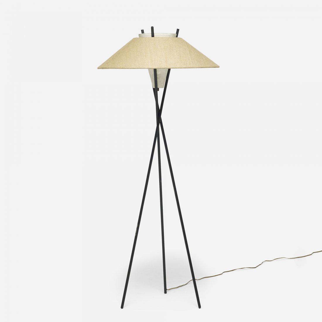 Gerald Thurston floor lamp: Gerald Thurston floor lamp Lightolier USA, c. 1955 enameled and perforated steel, burlap, plastic 23.25 dia x 53 h inches