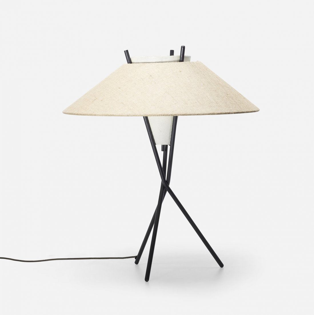 Gerald Thurston table lamp: Gerald Thurston table lamp Lightolier USA, c. 1955 enameled and perforated steel, burlap, plastic 23.25 dia x 26.5 h inches