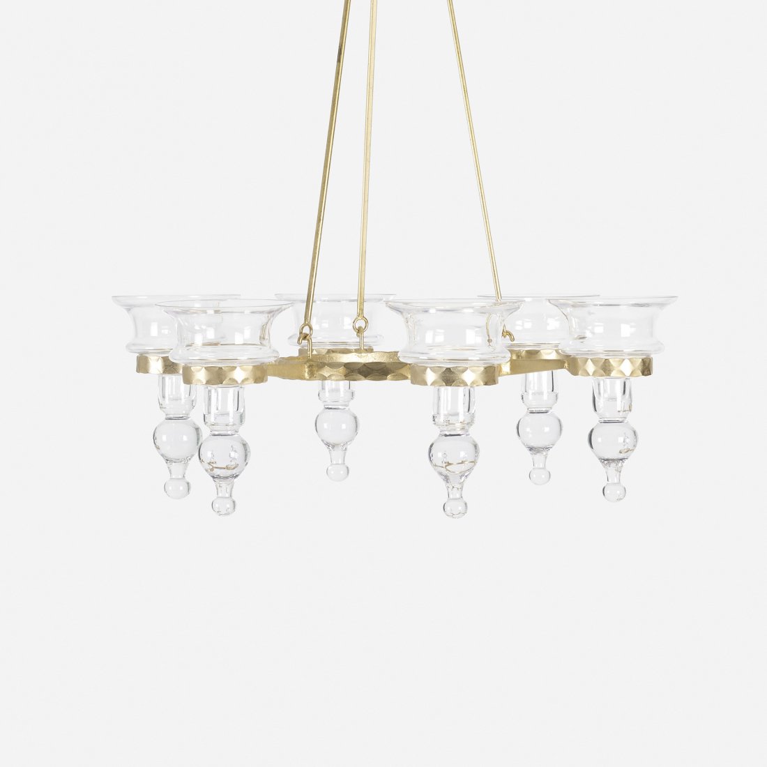Bertil Vallien hanging candelabra: Bertil Vallien hanging candelabra Boda Smide Sweden, 1959/c. 1980 gilt steel, glass 20 dia x 28.5 h inches