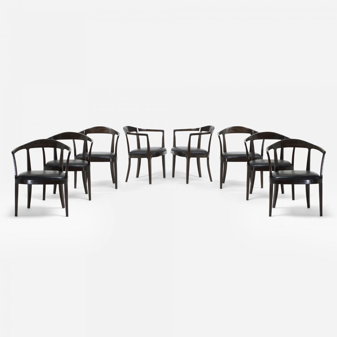 John Hornus dining chairs, set of eight: John Hornus dining chairs, set of eight USA, 1967 lacquered walnut, leather 24 w x 22 d x 29.5 h inches