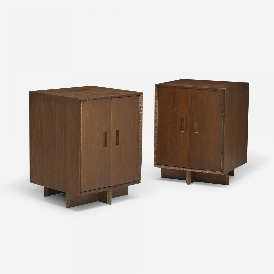 Frank Lloyd Wright cabinets, pair: Frank Lloyd Wright cabinets, pair Heritage Henredon USA , 2003 mahogany 21.5 w x 20 d x 28 h inches Signed with stenciled manufacturer's mark to reverse of each example: [FLW 2003].
