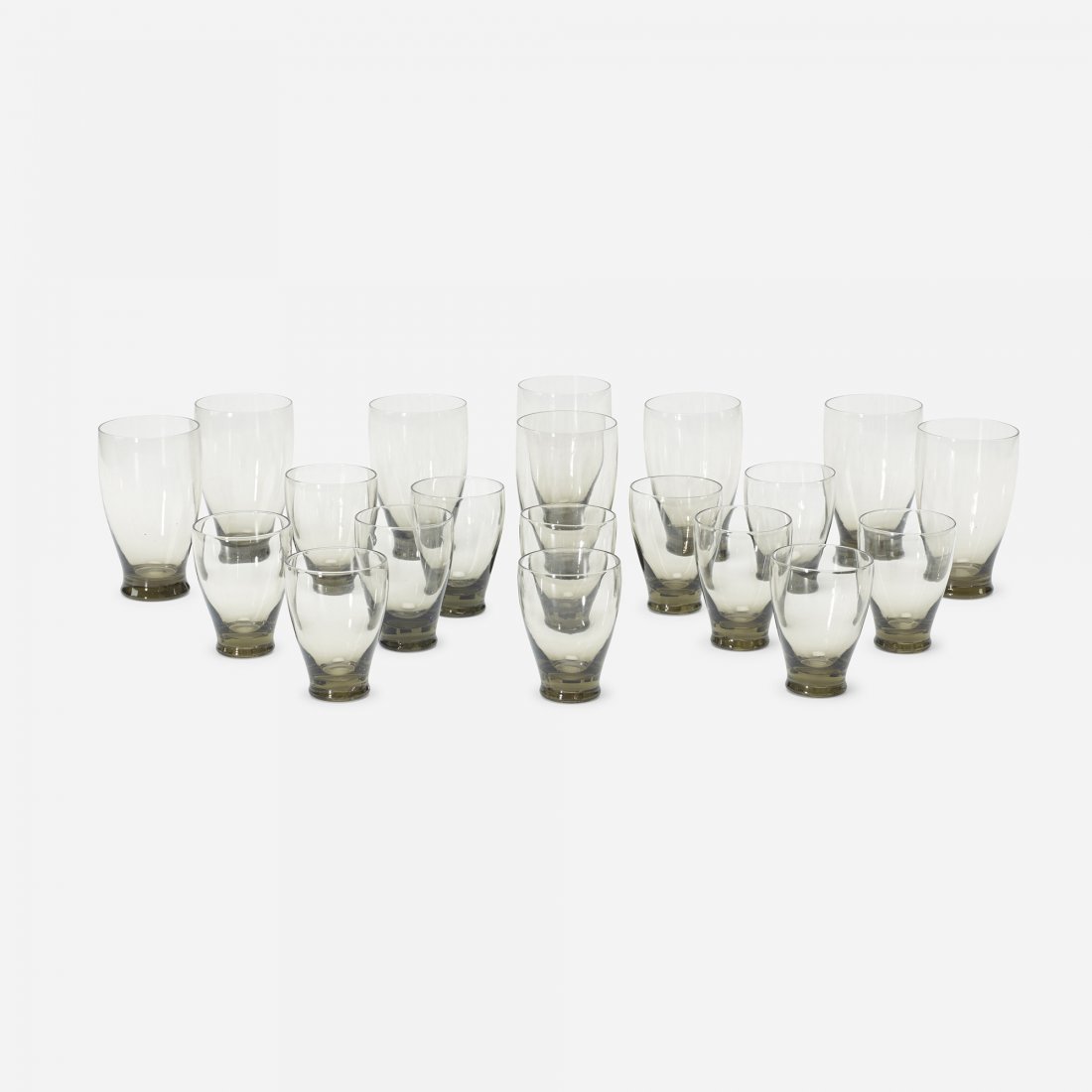 Russel Wright collection of twenty glasses: Russel Wright collection of twenty glasses USA glass 3 dia x 5 h inches Collection includes eight tall glasses and twelve short glasses measuring 3 dia x 5 h inches.