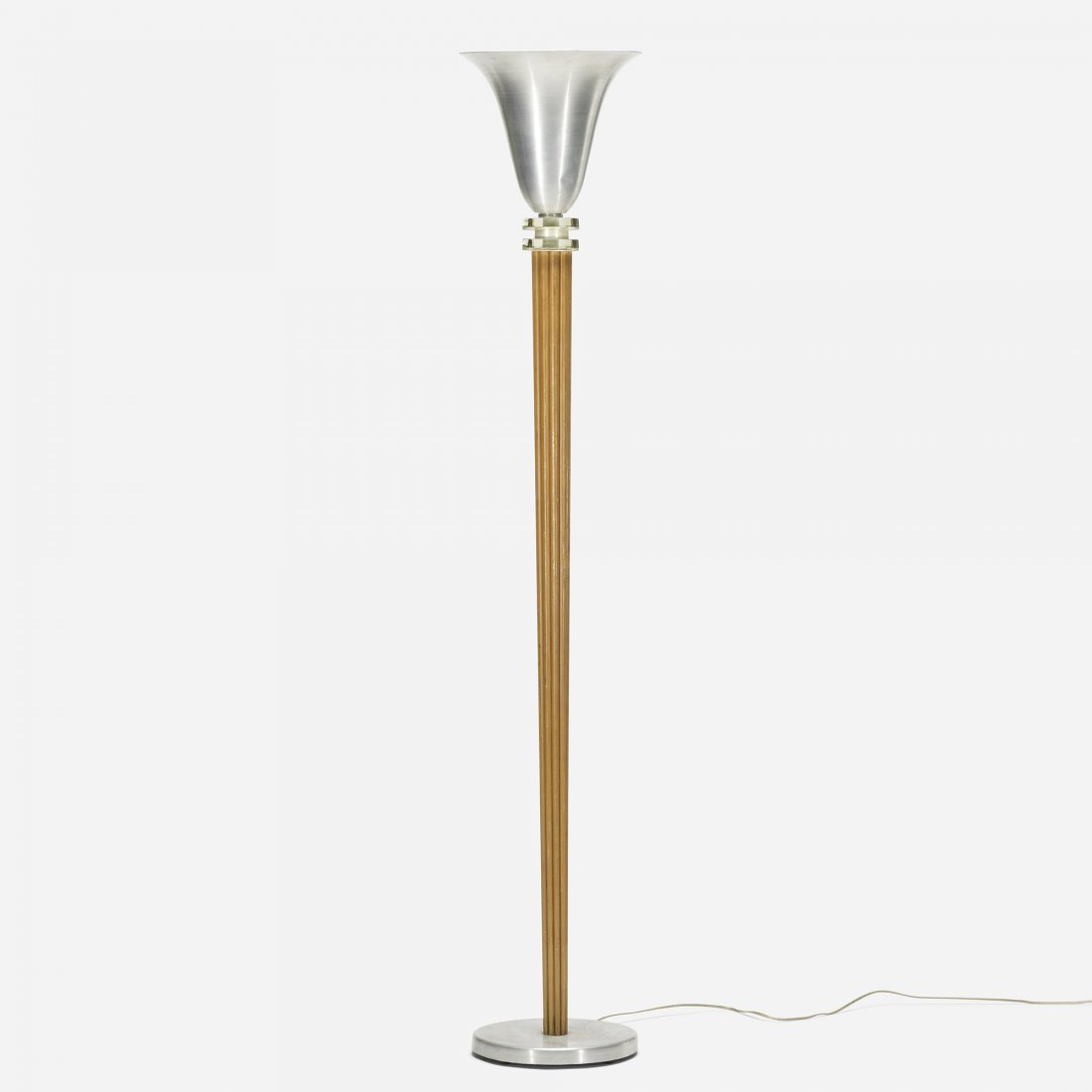 Russel Wright, attribution torchiere: Russel Wright, attribution torchiere USA, c. 1930 spun aluminum, carved maple, glass 12 dia x 66 h inches