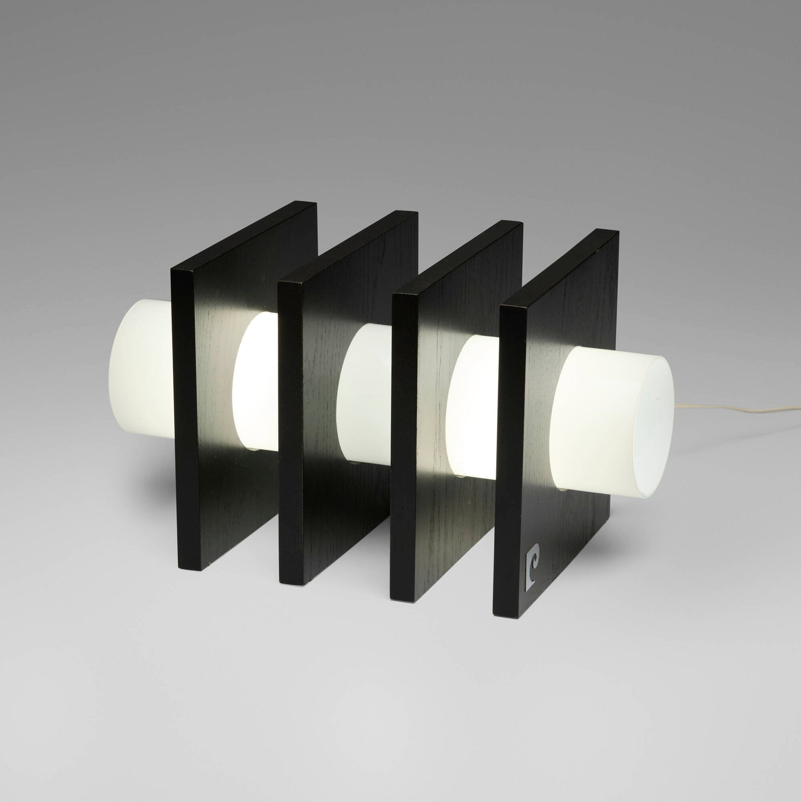 Pierre Cardin, Table lamp: Pierre Cardin Table lamp France, c. 1975 hand-blown glass, painted wood 8.75 h x 15.875 w x 8.75 d in (22 x 40 x 22 cm) Metal manufacturer's mark near base. Decal label to glass 'Hand