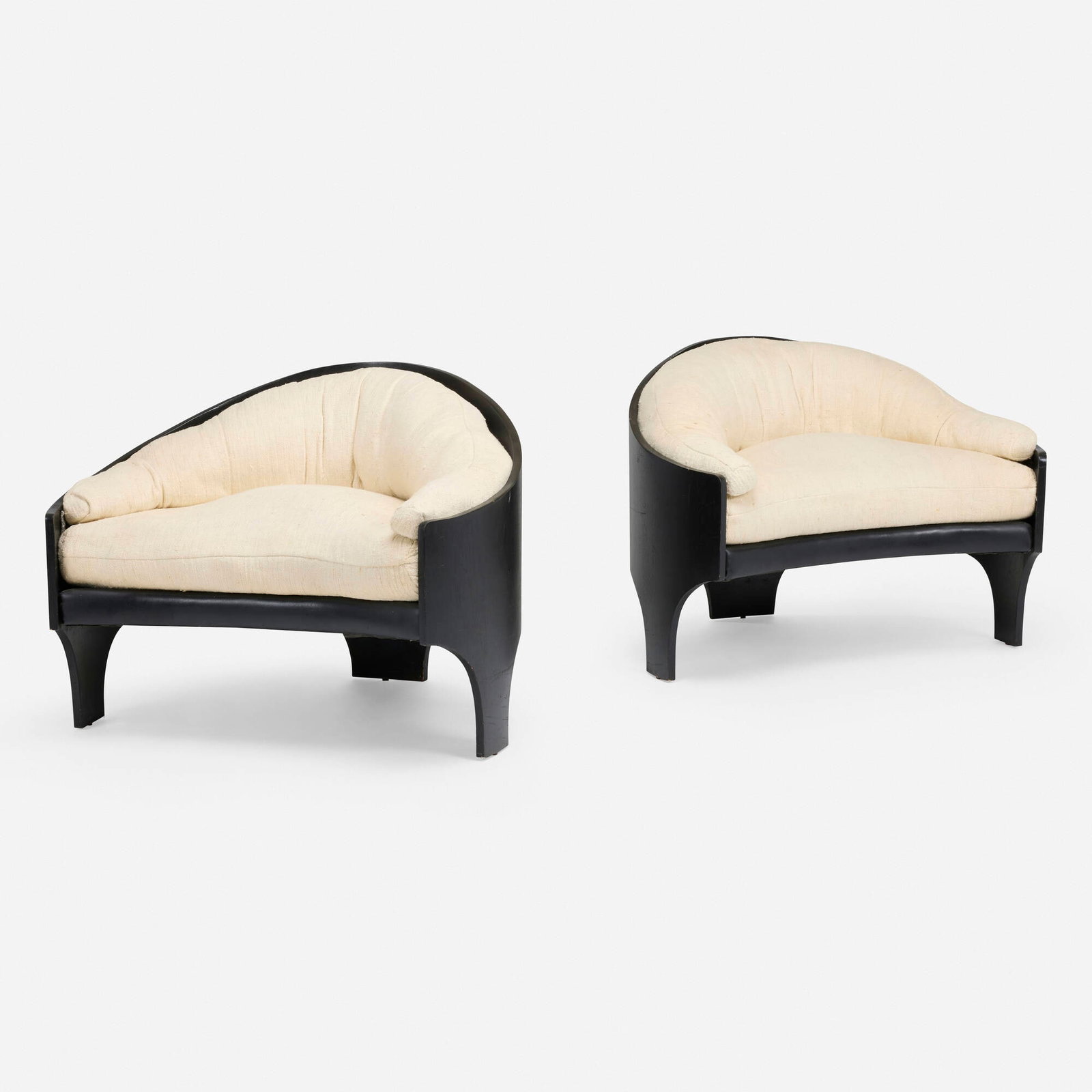 Henry P. Glass, Intimate Island lounge chairs, pair: Henry P. Glass Intimate Island lounge chairs, pair Deco House USA, 1966 lacquered plywood, upholstery, leather 29.25 h x 37.75 w x 32 d in (74 x 96 x 81 cm) Fabric manufacturer's labe