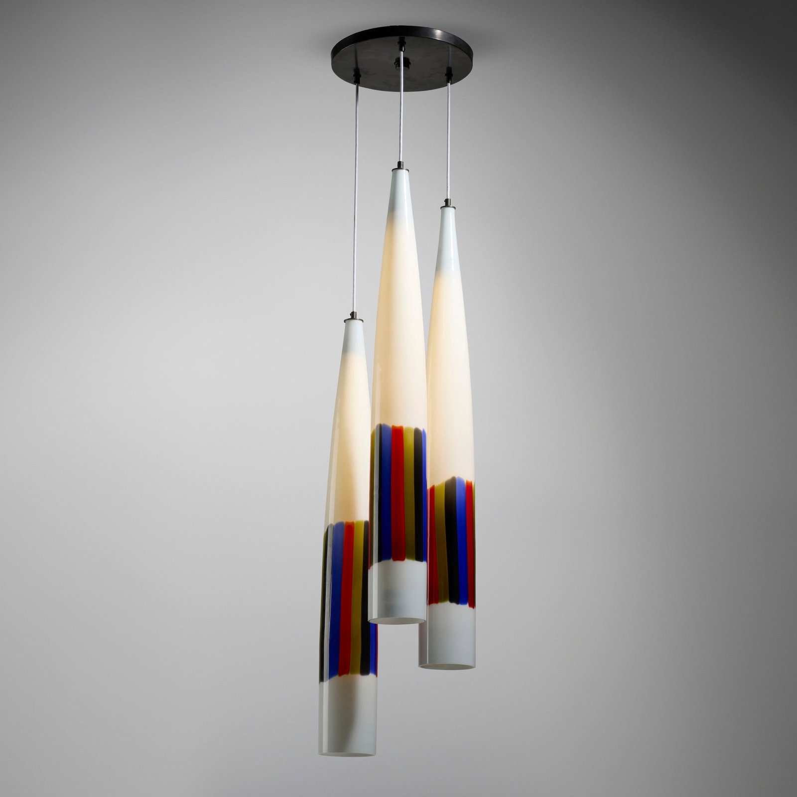 Vistosi, Chandelier: Vistosi Chandelier Italy, c. 1965 incamiciato glass with applied vertical canes, brass, LED lights 61.5 h x 13 dia in (156 x 33 cm) Chandelier is comprised of three pendants that were rewired a
