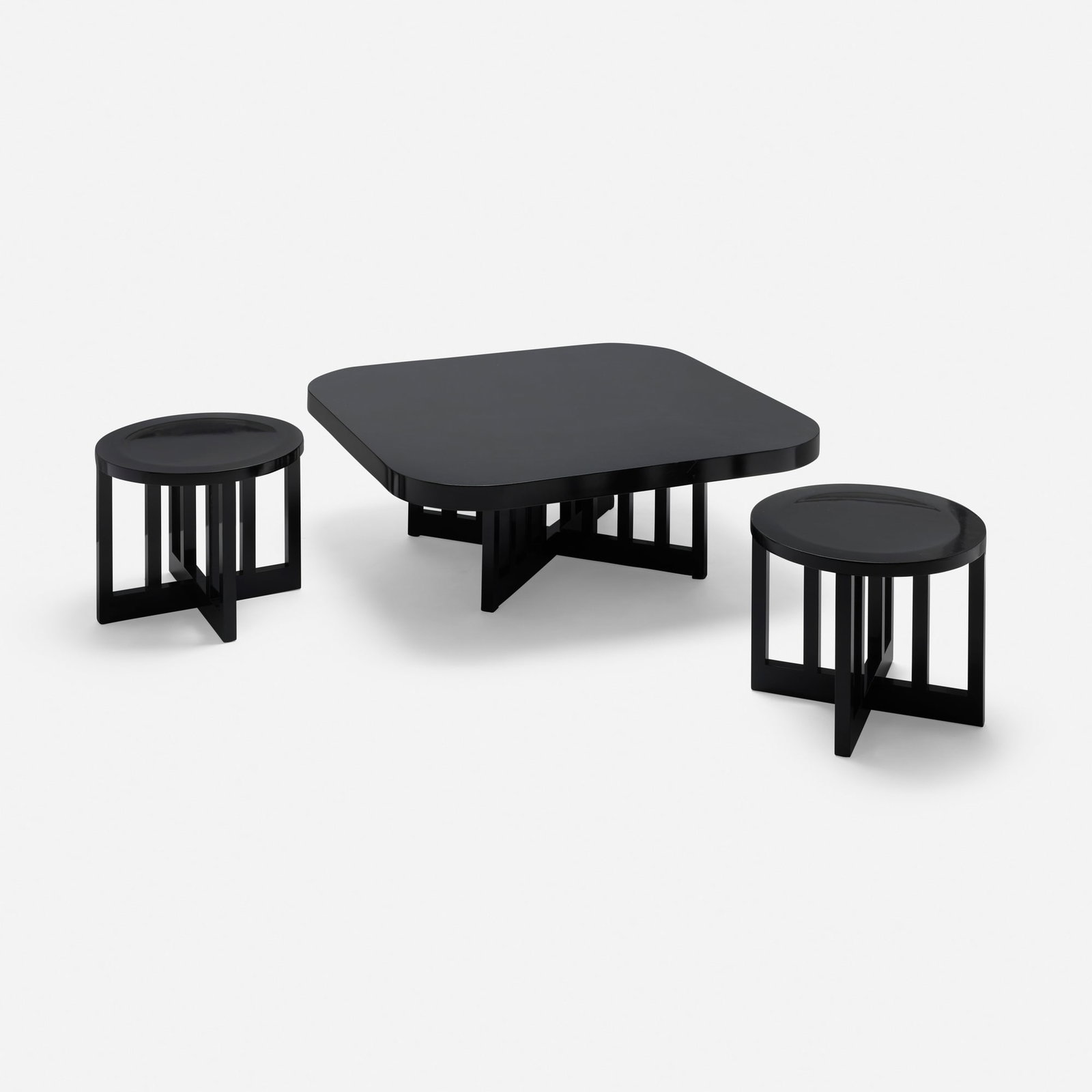 Richard Meier, Coffee table and low stools model 820Y, pair: Richard Meier Coffee table and low stools model 820Y, pair Knoll International USA, 1982 lacquered maple table: 15.5 h x 40 w x 40 d in (39 x 102 x 102 cm) stool: 15.5 h x 17.5 dia in (39 x 44