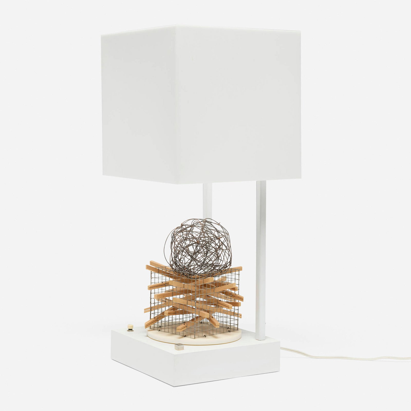 Garry Knox Bennett, Kinetic table lamp #9: Garry Knox Bennett Kinetic table lamp #9 USA, 2010 acrylic, laminate, steel wire, enameled steel, wood 32.5 h x 14 w x 14 d in (83 x 36 x 36 cm) Lamp features a rotating sculpture and a touch-a