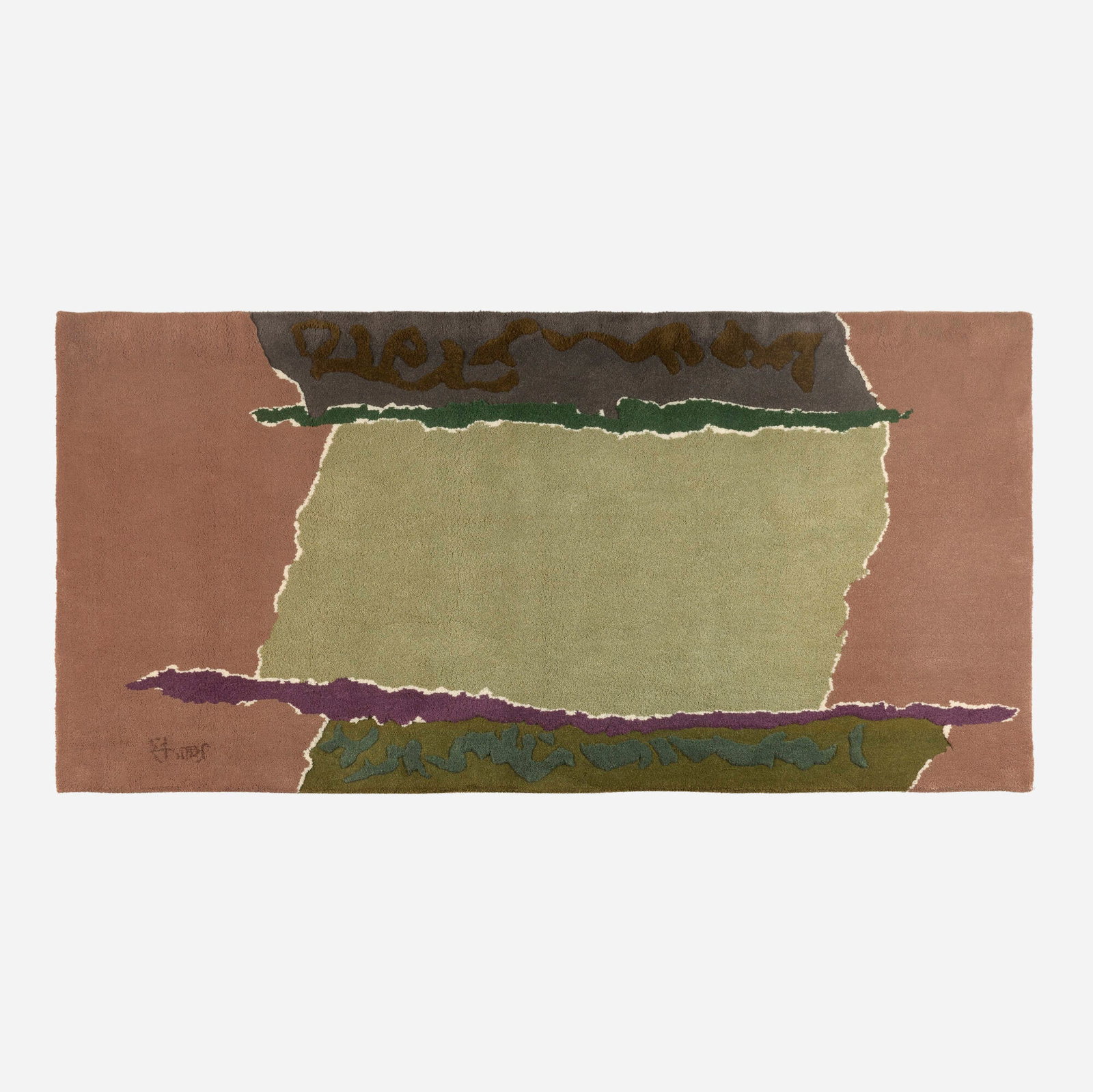 Theodoros Stamos, Infinity Fields Lefkada IV tapestry: Theodoros Stamos Infinity Fields Lefkada IV tapestry c. 1975 hand-knotted wool 3'5" x 7' in (106 x 213 cm) Signed to bottom left corner 'Stamos'. Provenance: A