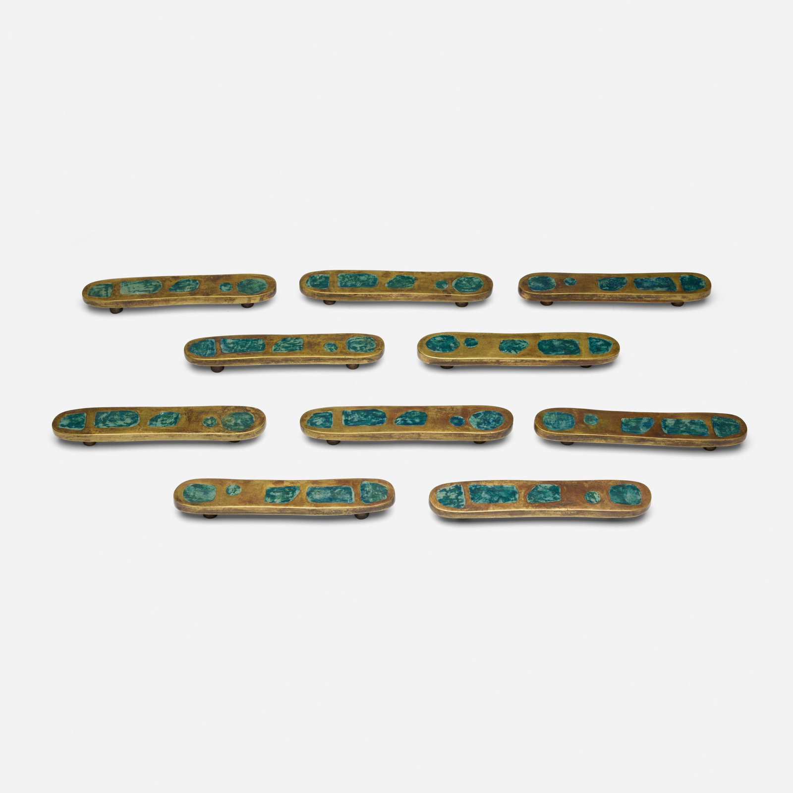 Pepe Mendoza, Door pulls, set of ten: Pepe Mendoza Door pulls, set of ten Mexico, 1958 patinated bronze, ceramic inlay 1.625 h x 9.25 w x 1.25 d in (4 x 23 x 3 cm) Impressed manufacturer's mark with patent date to reverse of e