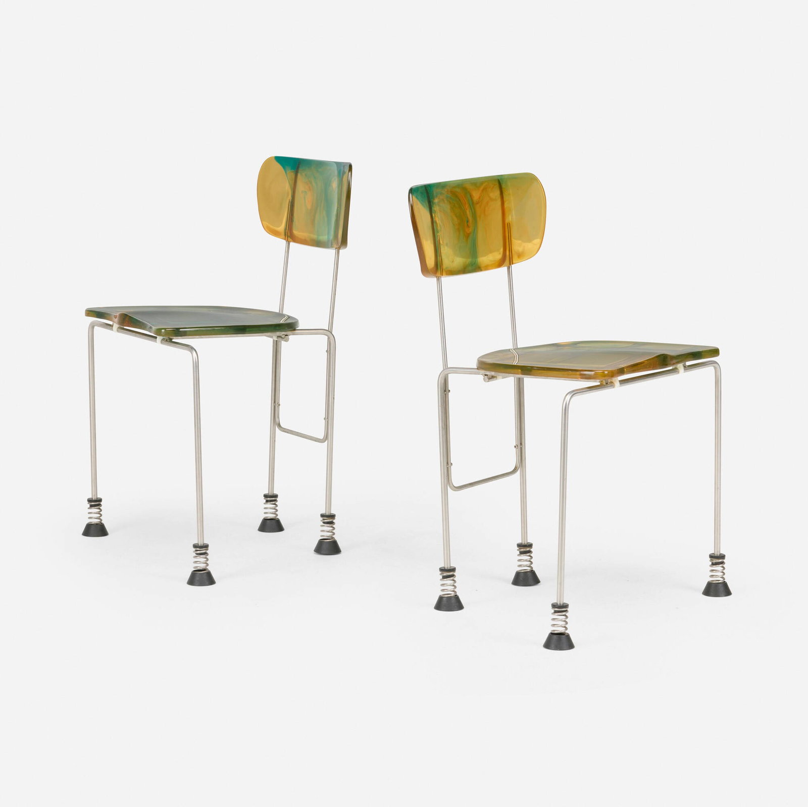 Gaetano Pesce, 543 Broadway chairs, pair: Gaetano Pesce 543 Broadway chairs, pair Bernini S.p.A. Italy, 1993 resin, chrome-plated steel, rubber 29.5 h x 20 w x 16.25 d in (75 x 51 x 41 cm) Impressed manufacturer's mark to und