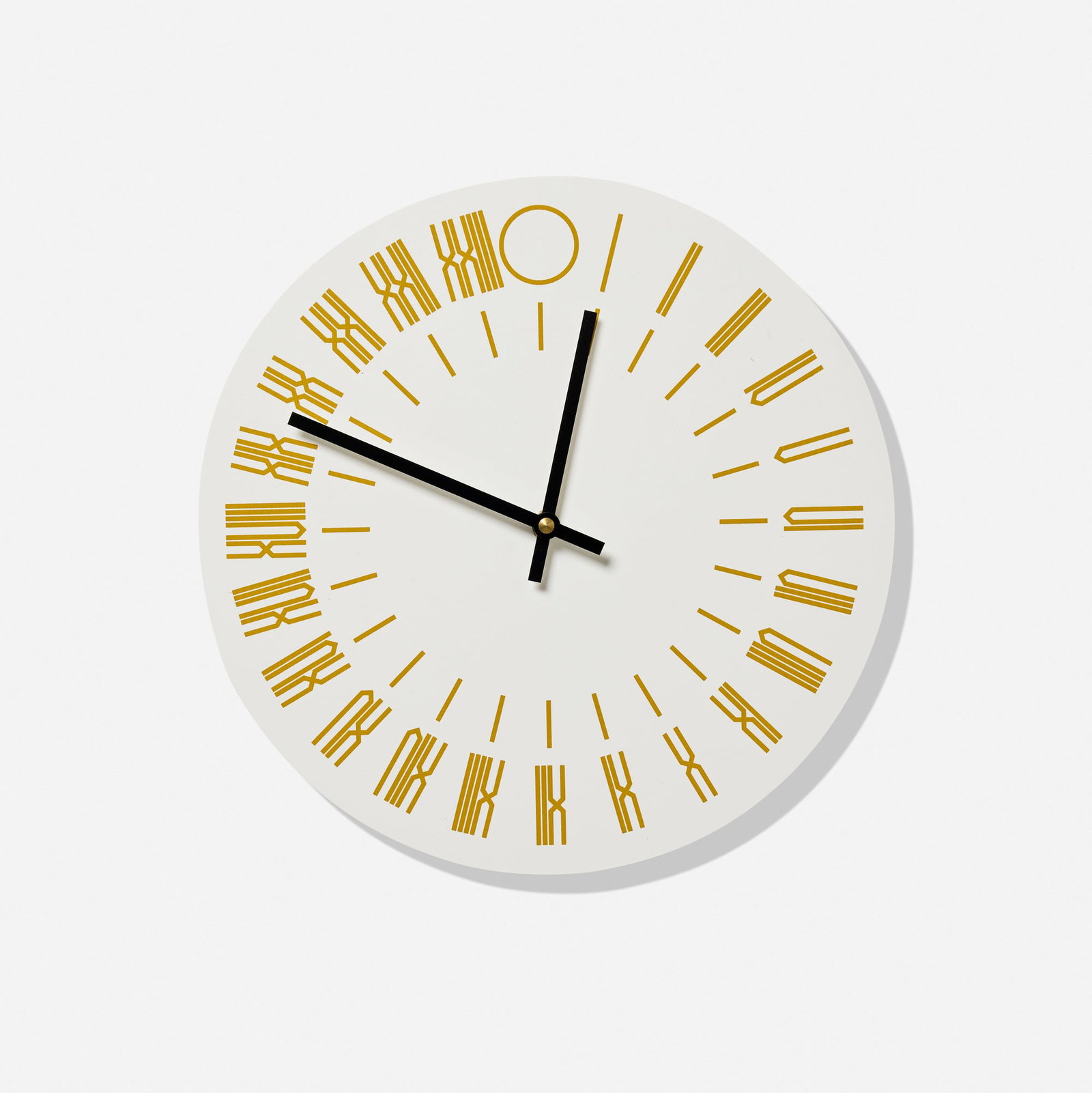 Tauba Auerbach, 24-hour wall clock: Tauba Auerbach 24-hour wall clock USA, 2013 screenprint on composite, enameled aluminum, brass 1.25 d x 10.5 dia in (3 x 27 cm) Printed manufacturer's marks to reverse 'The Thing Quarterly Issue
