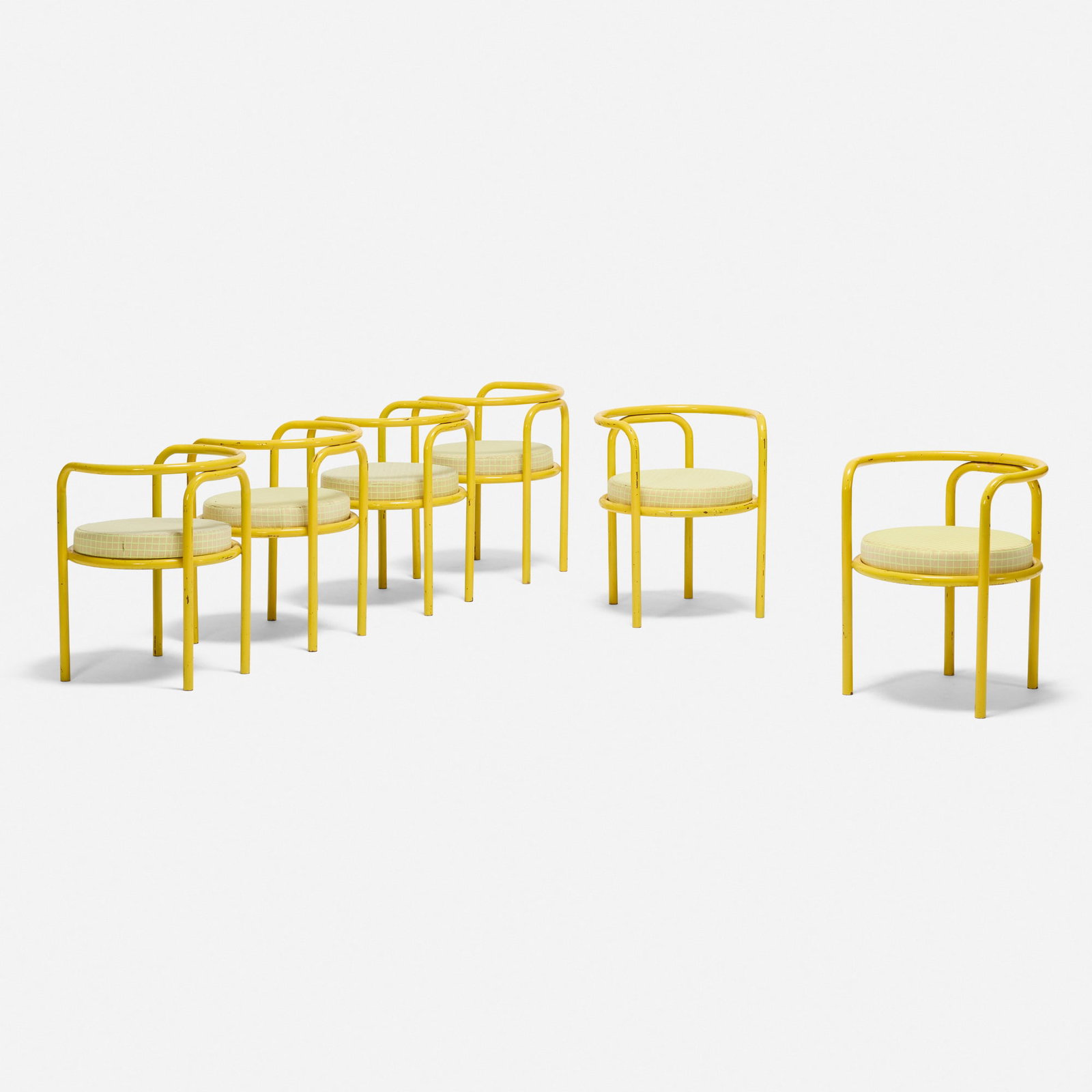 Gae Aulenti, Locus Solus dining chairs, set of six: Gae Aulenti Locus Solus dining chairs, set of six Poltronova Italy, c. 1964 enameled steel, upholstery 26 h x 22 dia in (66 x 56 cm) Literature: Gae Aulenti, Petranzan, pg. 180 New Furniture, vol. 8,