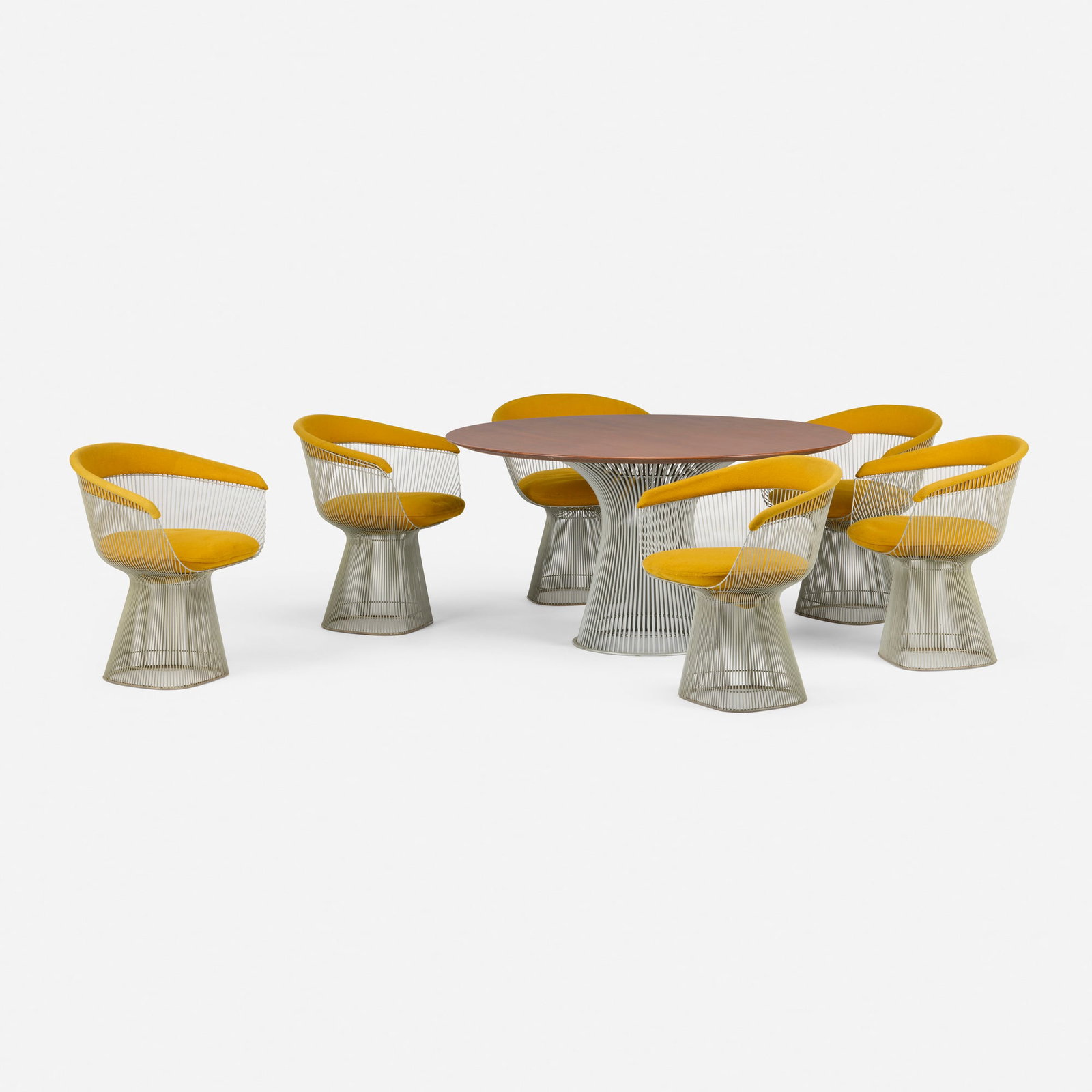 Warren Platner, Dining suite: Warren Platner Dining suite Knoll International USA, 1966 / c. 1973 walnut veneer, plated steel, Cato Gold wool upholstery table: 28.25 h x 54 dia in (72 x 137 cm) chair: 29.5 h x 27 w x 19 d