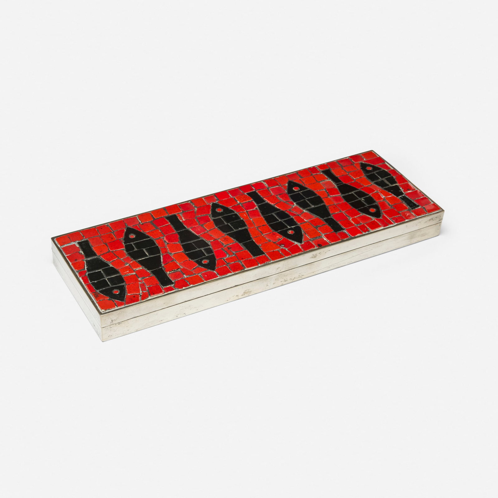 Modern, Cigarette box with fish: Modern Cigarette box with fish c. 1965 silver-plated brass, glazed ceramic tiles 0.875 h x 10.75 w x 3.75 d in (2 x 27 x 10 cm) Impressed manufacturer's mark to underside 'Alpaca'.