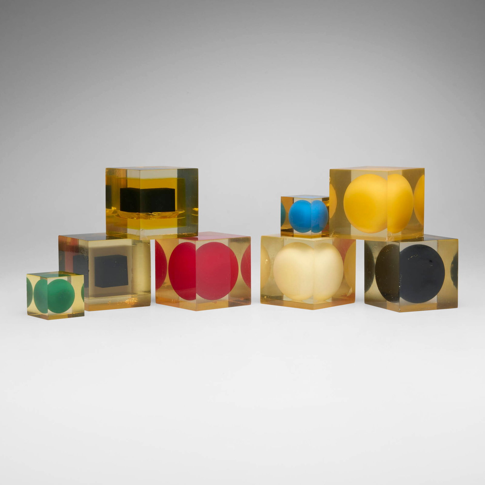Enzo Mari, Collection of eight Cubos: Enzo Mari Collection of eight Cubos Danese Italy, 1959-1963 resin 2.75 h x 2.75 w x 2.75 d in (7 x 7 x 7 cm) 1.625 h x 1.625 w x 1.625 d in (4 x 4 x 4 cm) Collection is comprised of four model 3018A,