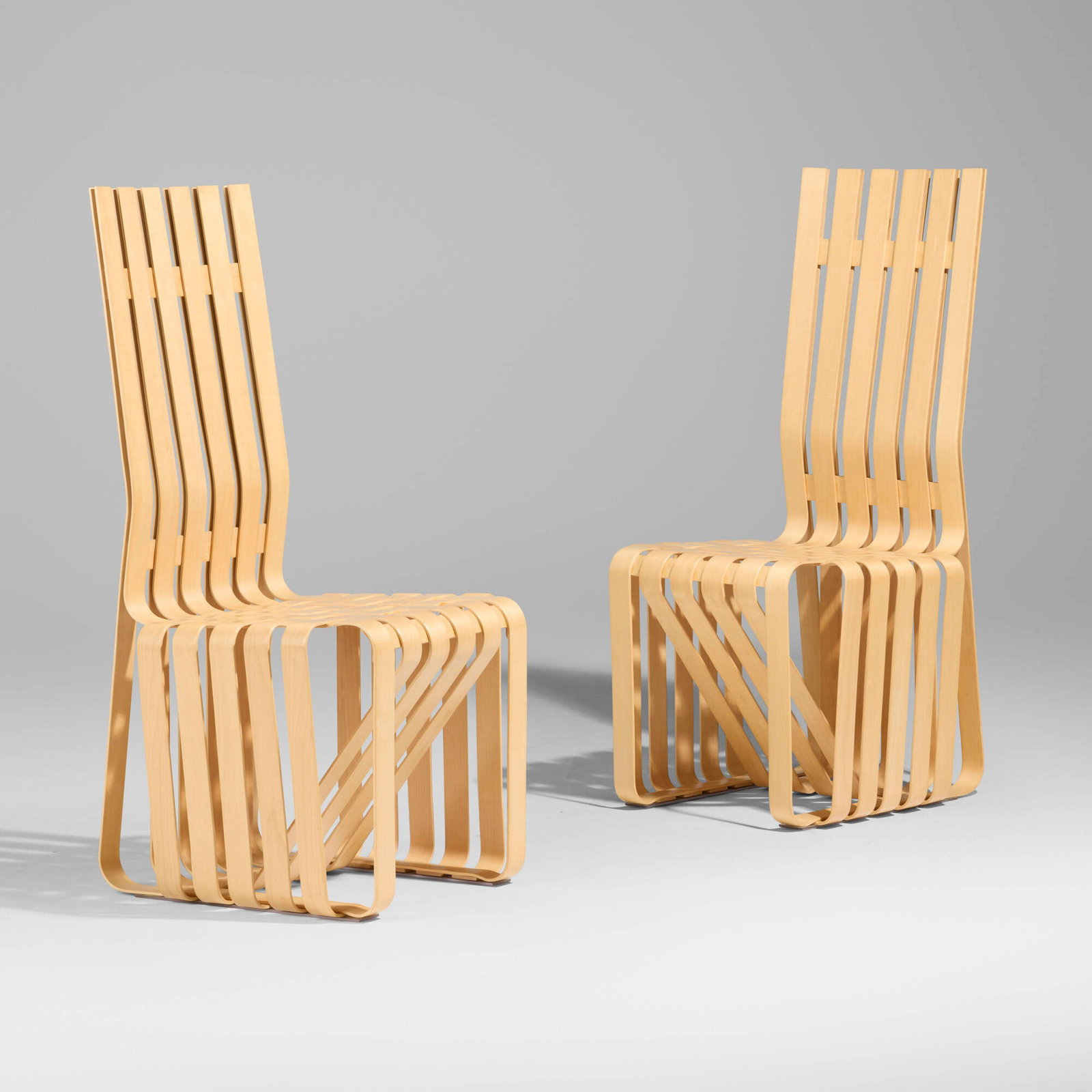 Frank Gehry, High Sticking chairs, pair: Frank Gehry High Sticking chairs, pair KnollStudio Canada/USA, 1990 / produced after 1992 laminated maple 43.5 h x 20 w x 22 d in (110 x 51 x 56 cm) An example of this design is in the permanent