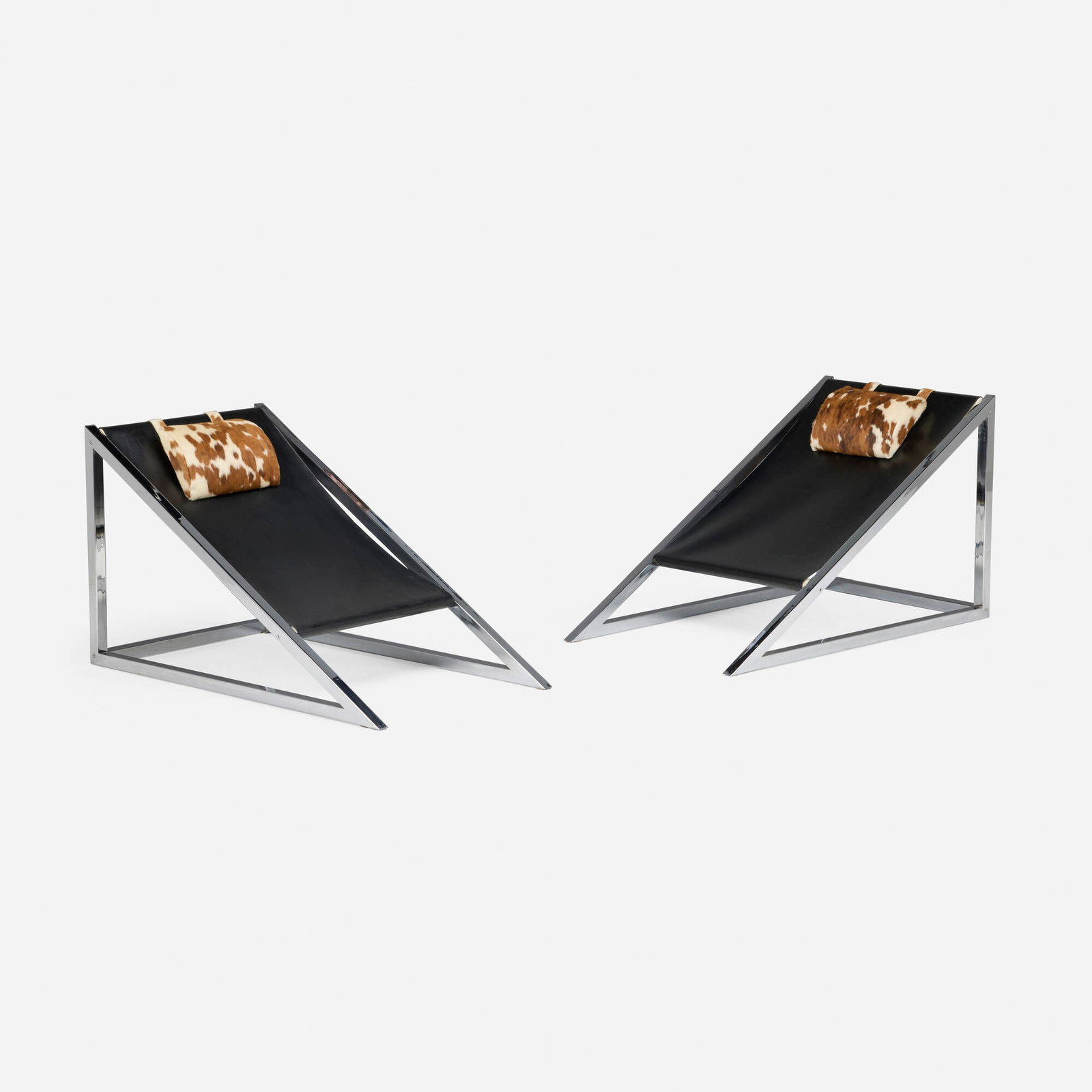 Archizoom Associati, Mies chairs, pair: Archizoom Associati Mies chairs, pair Poltronova Italy, 1969 / produced later chrome-plated steel, rubber, cowhide 30 h x 29.25 w x 51.5 d in (76 x 74 x 131 cm) Literature: Facendo mobili con