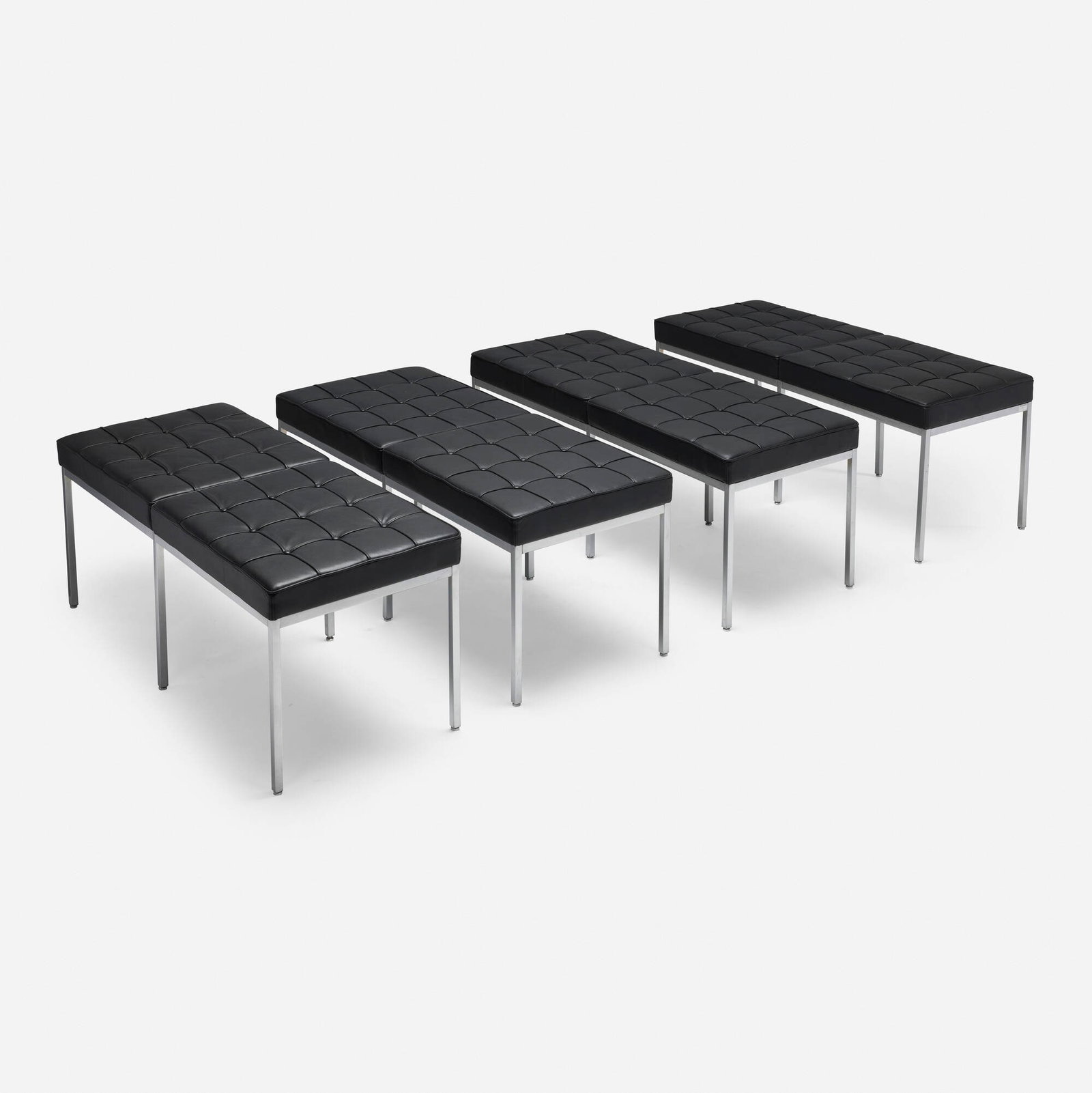 Florence Knoll, Benches, set of four: Florence Knoll Benches, set of four KnollStudio USA, 1954 / 2017 leather, matte chrome-plated steel 19.25 h x 48 w x 19.5 d in (49 x 122 x 50 cm) Impressed manufacturer's mark to inte