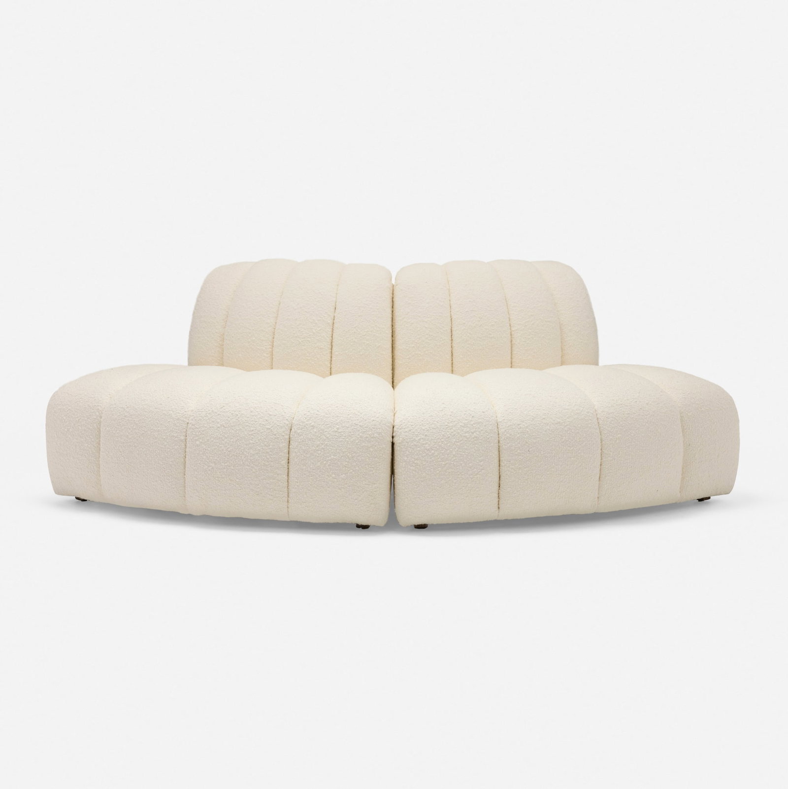 Bernhardt Design, Flair lounge chairs, pair: Bernhardt Design Flair lounge chairs, pair USA, c. 1958 boucle upholstery, walnut 29.5 h x 48 w x 38 d in (75 x 122 x 97 cm) Paper label to underside of one example 'Flair'. This work will