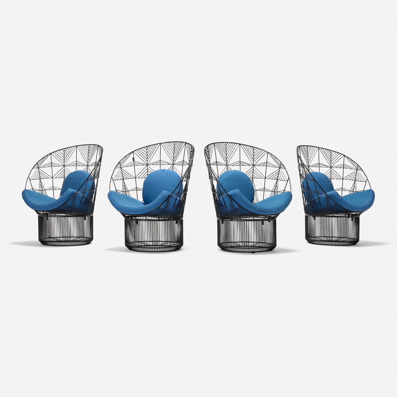 Bend Goods, Peacock lounge chairs, set of four: Bend Goods Peacock lounge chairs, set of four USA, c. 2016 powder-coated steel, upholstery 37.25 h x 31.5 w x 25.5 d in (95 x 80 x 65 cm) This work will ship from Los Angeles, California.