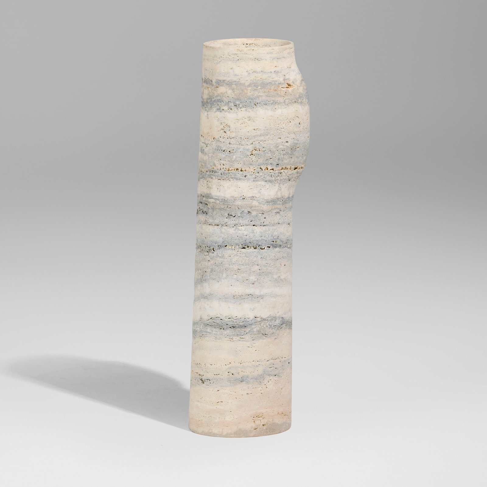 Christophe Delcourt, BOS large vase: Christophe Delcourt BOS large vase Collection Particuliere France, c. 2020 silver travertine 27.5 h x 7.5 dia in (70 x 19 cm) This work will ship from Lambertville, New Jersey