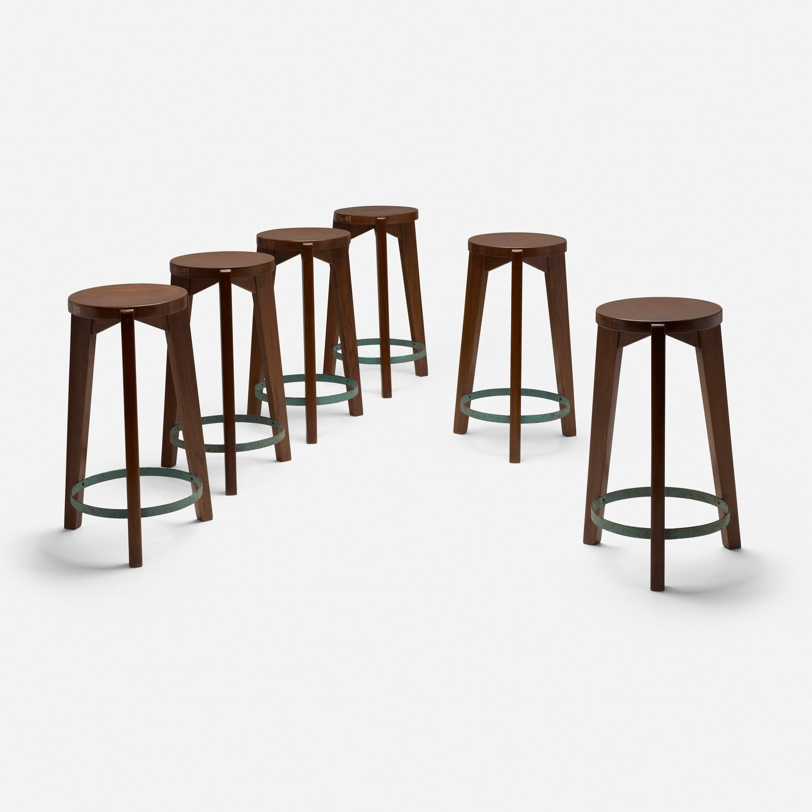 Pierre Jeanneret, Stools from Punjab University, Chandigarh, set of six: Pierre Jeanneret Stools from Punjab University, Chandigarh, set of six France/India, c. 1965 teak, painted steel 23.375 h x 16 dia in (59 x 41 cm) Stenciled marks to each example.