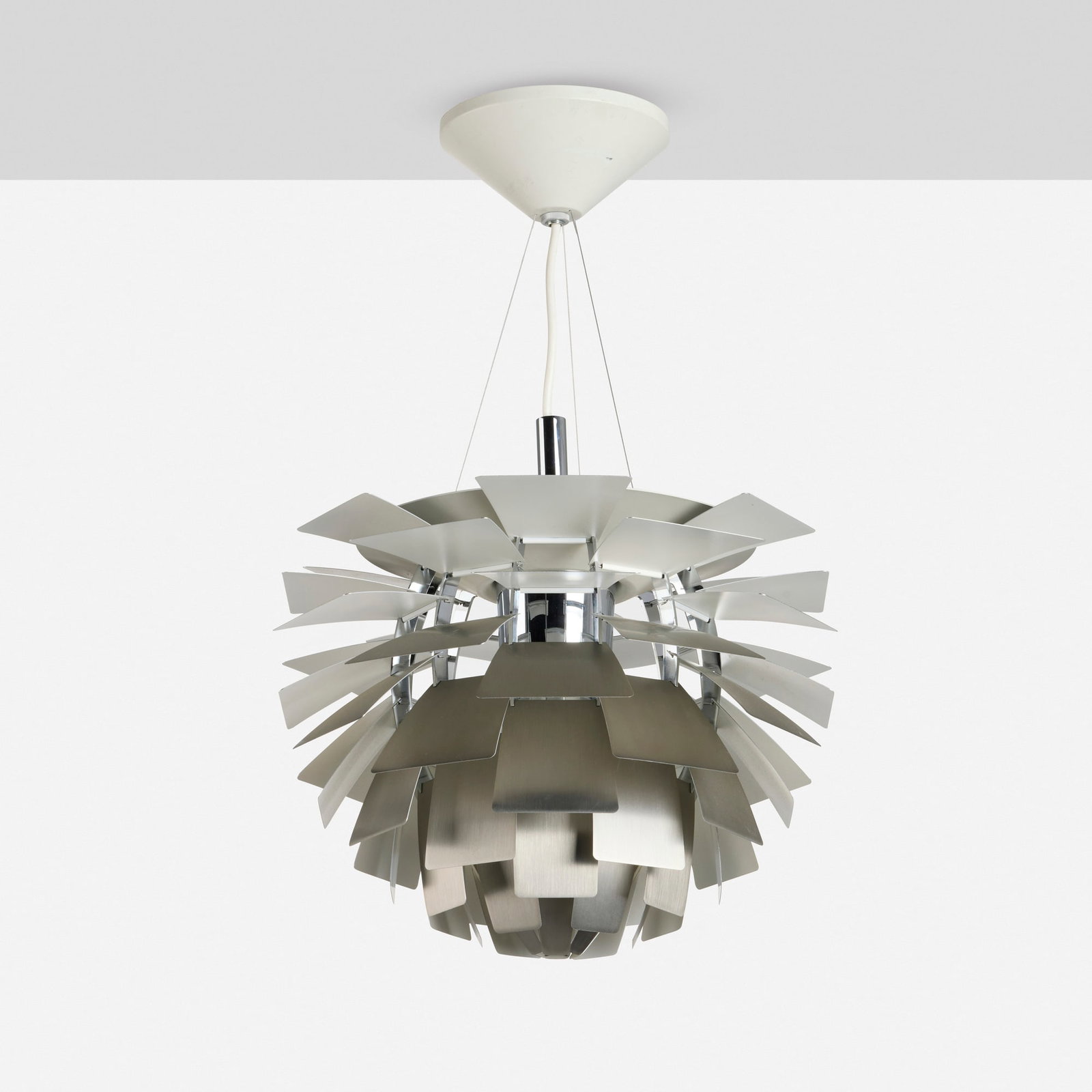 Poul Henningsen, Artichoke lamp: Poul Henningsen Artichoke lamp Louis Poulsen Denmark, 1957 / 2002 aluminum, enameled aluminum 14 h x 18.5 dia in (36 x 47 cm) Decal manufacturer's label to interior of socket 'Lo
