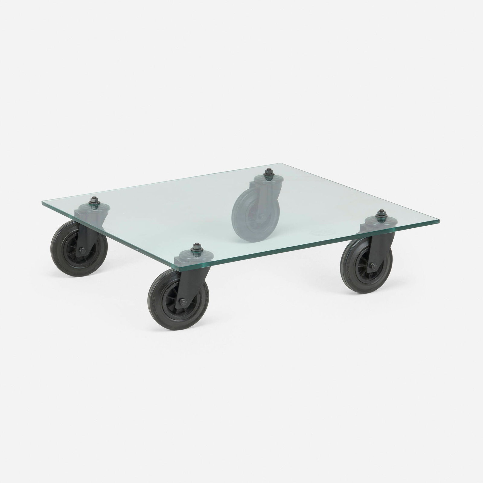 Gae Aulenti, Tavolo Con Ruote coffee table: Gae Aulenti Tavolo Con Ruote coffee table FontanaArte Italy, 1980 glass, enameled steel, rubber 9.5 h x 38 w x 38 d in (24 x 97 x 97 cm) Literature: Gae Auenti, Petranzan, pg. 164 Fontana Arte: Una