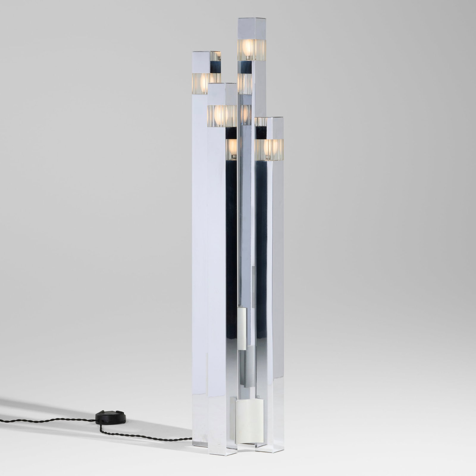 Gaetano Sciolari, Cubic floor lamp: Gaetano Sciolari Cubic floor lamp Lightolier Italy, c. 1975 chrome-plated brass, acrylic 47.75 h x 10 w x 10 d in (121 x 25 x 25 cm) Decal manufacturer's label to underside 'cubic by