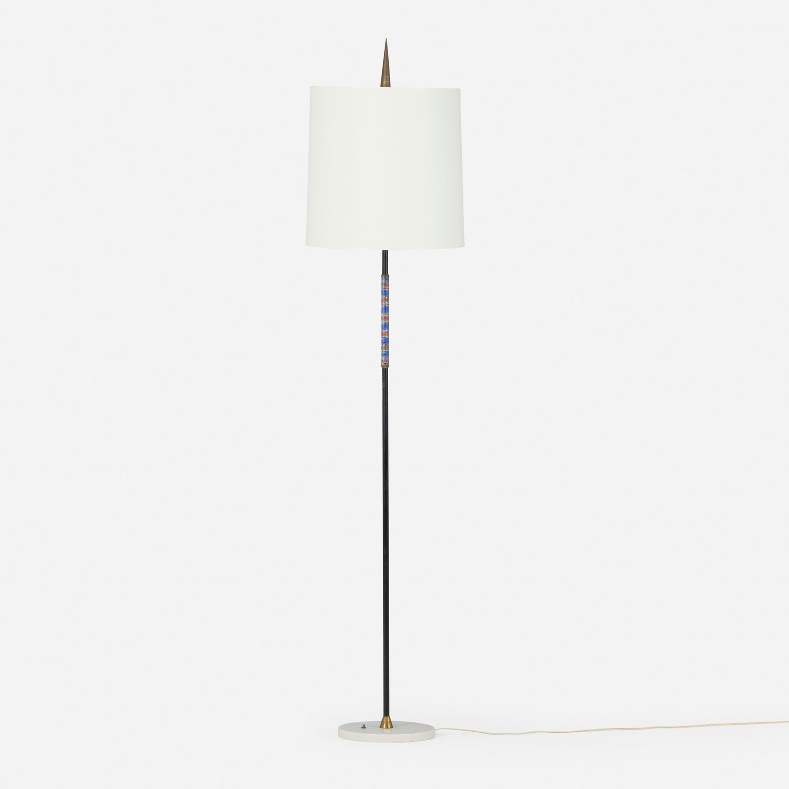 Italian, Floor lamp: Italian Floor lamp c. 1955 glazed ceramic, brass, lacquered steel, marble, canvas 71 h x 16 dia in (180 x 41 cm) This work will ship from Lambertville, New Jersey.