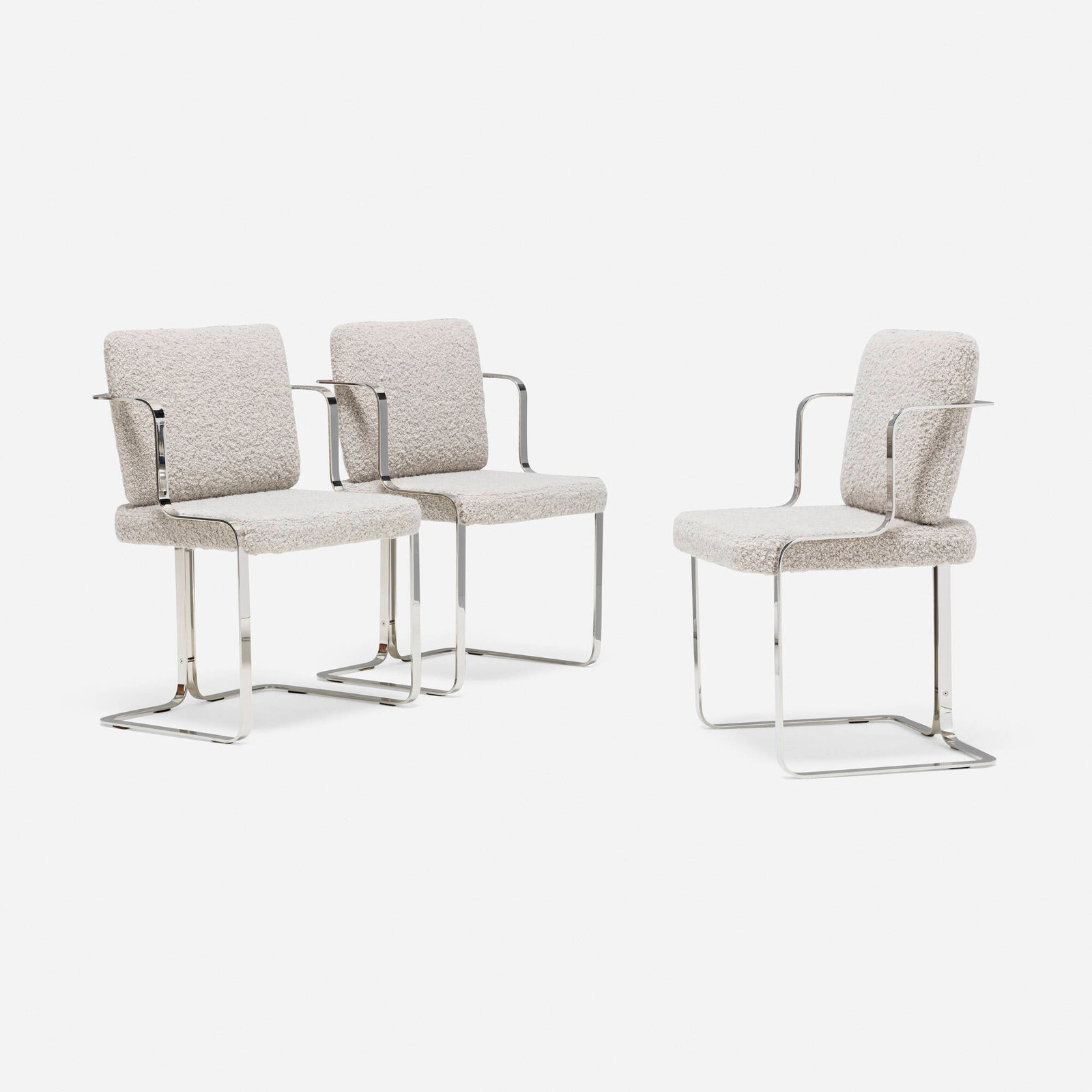 Lazzarini & Pickering, Murena armchairs from the Marta Sala Editions collection, set of three: Lazzarini & Pickering Murena armchairs from the Marta Sala Editions collection, set of three Marta Sala Italy, 2016 polished stainless steel, upholstery 32.5 h x 21 w x 22 d in (83 x 53 x 56 cm)