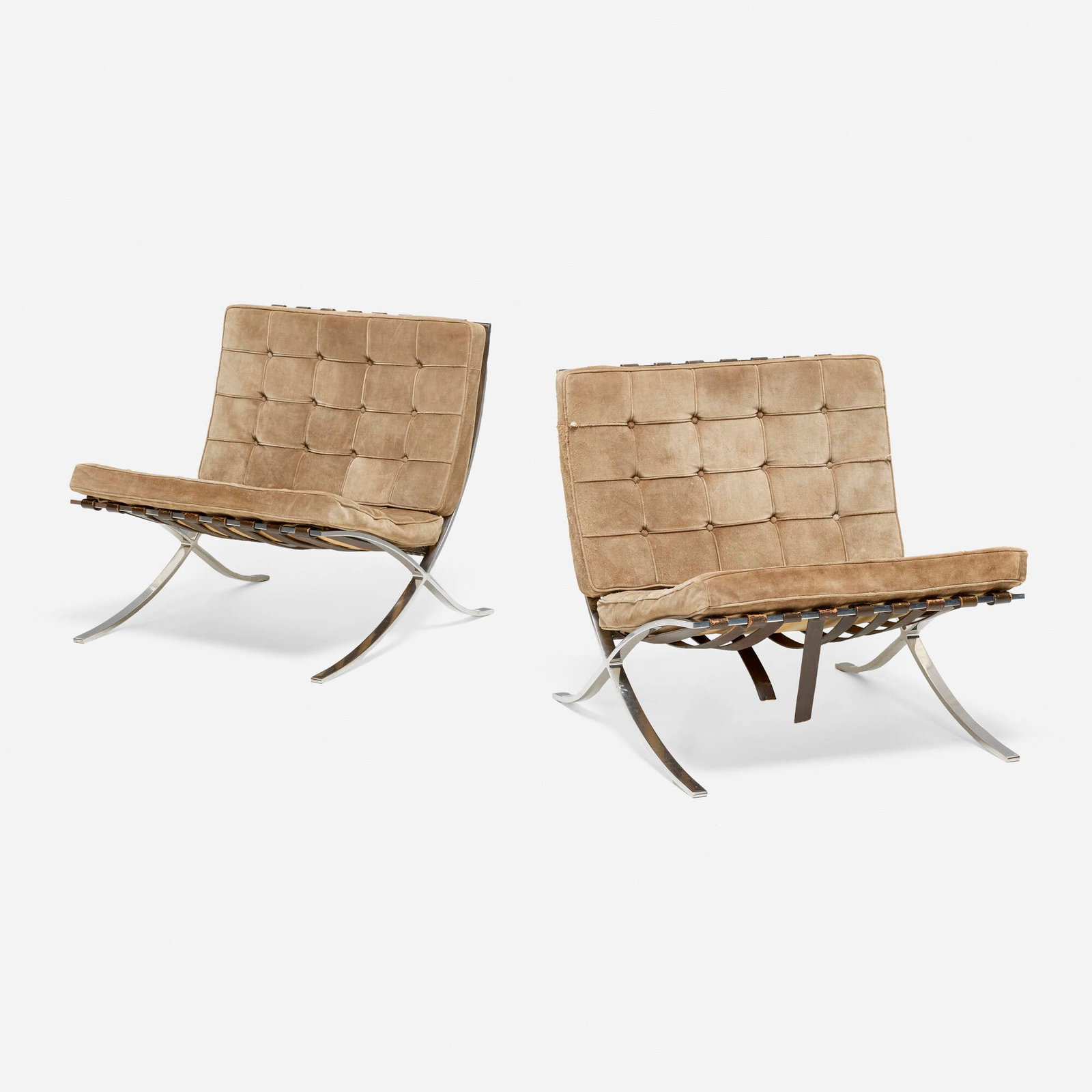 Ludwig Mies van der Rohe, Barcelona chairs, pair: Ludwig Mies van der Rohe Barcelona chairs, pair Knoll International Germany, 1929 / c. 1975 suede upholstery, leather, stainless steel 29.5 h x 29.25 w x 30 d in (75 x 74 x 76 cm) Paper ma
