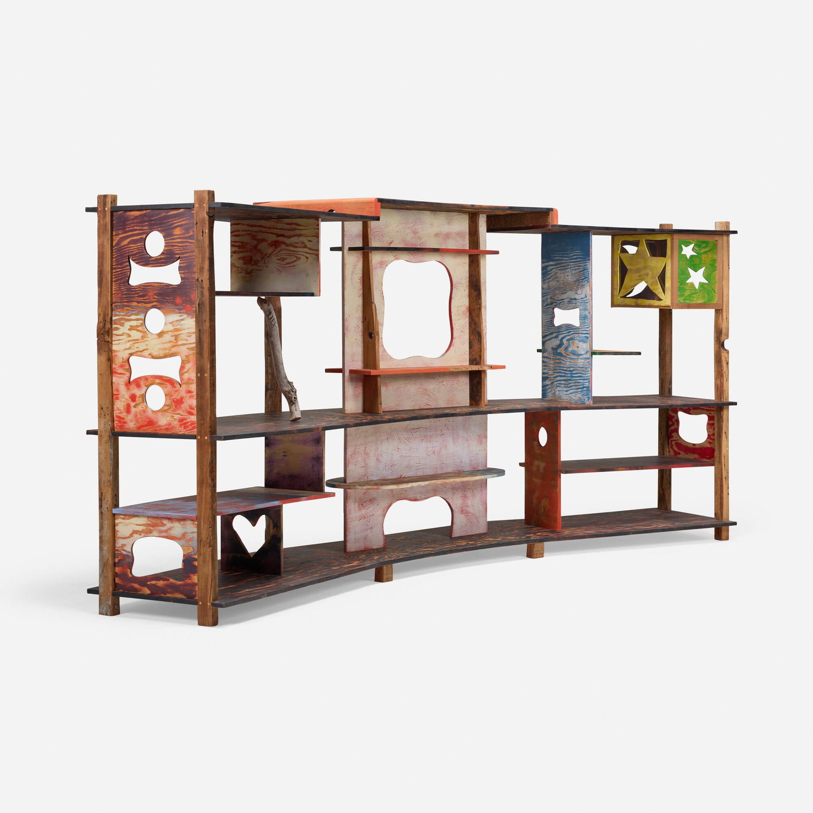 Sonya Sombreuil, Unique shelf: Sonya Sombreuil Unique shelf USA, c. 2023 painted plywood, found wood, glass 66 h x 150 w x 26 d in (168 x 381 x 66 cm) Provenance: Jeffrey Deitch, Los Angeles | Private Collec