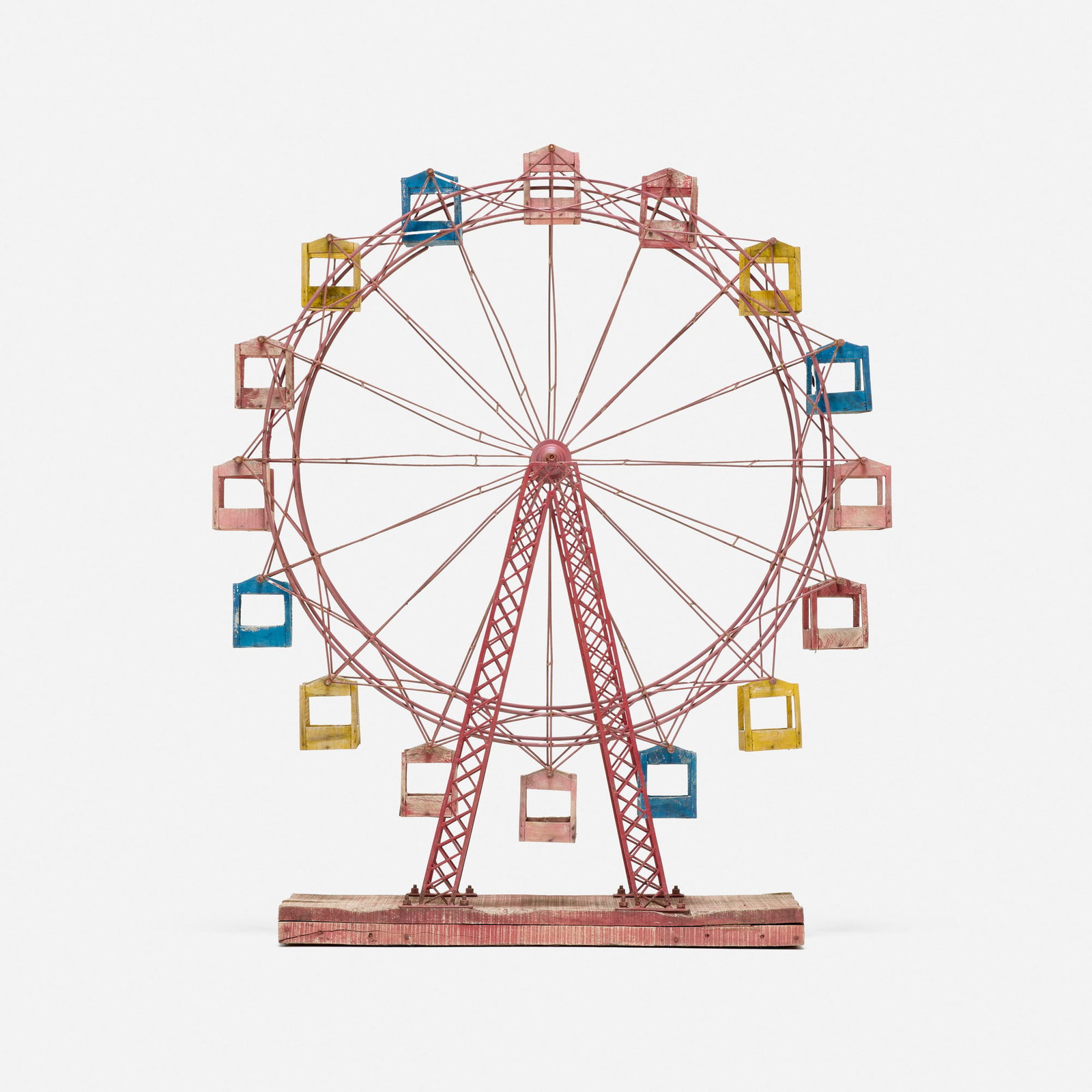 Modern, Kinetic Ferris wheel model: Modern Kinetic Ferris wheel model c. 1965 painted wood, enameled aluminum 44.5 h x 38 w x 10 d in (113 x 97 x 25 cm) This work will ship from Los Angeles, California.