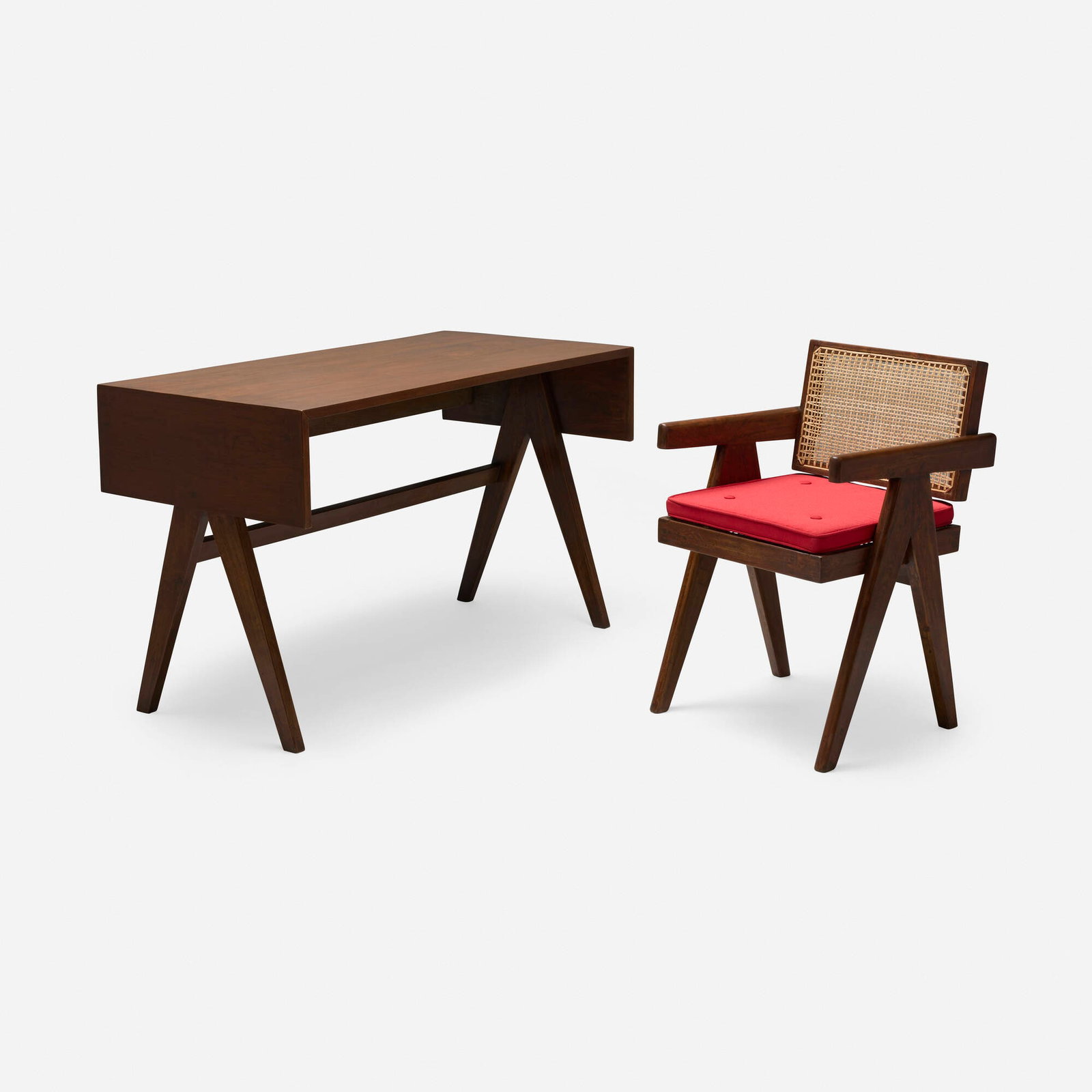 Pierre Jeanneret, Desk and chair from Chandigarh: Pierre Jeanneret Desk and chair from Chandigarh France/India, c. 1960 teak, cane, upholstery desk: 29.25 h x 47.75 w x 24 d in (74 x 121 x 61 cm) chair: 31.75 h x 20.375 w x 21.5 d in (81 x 52 x 55