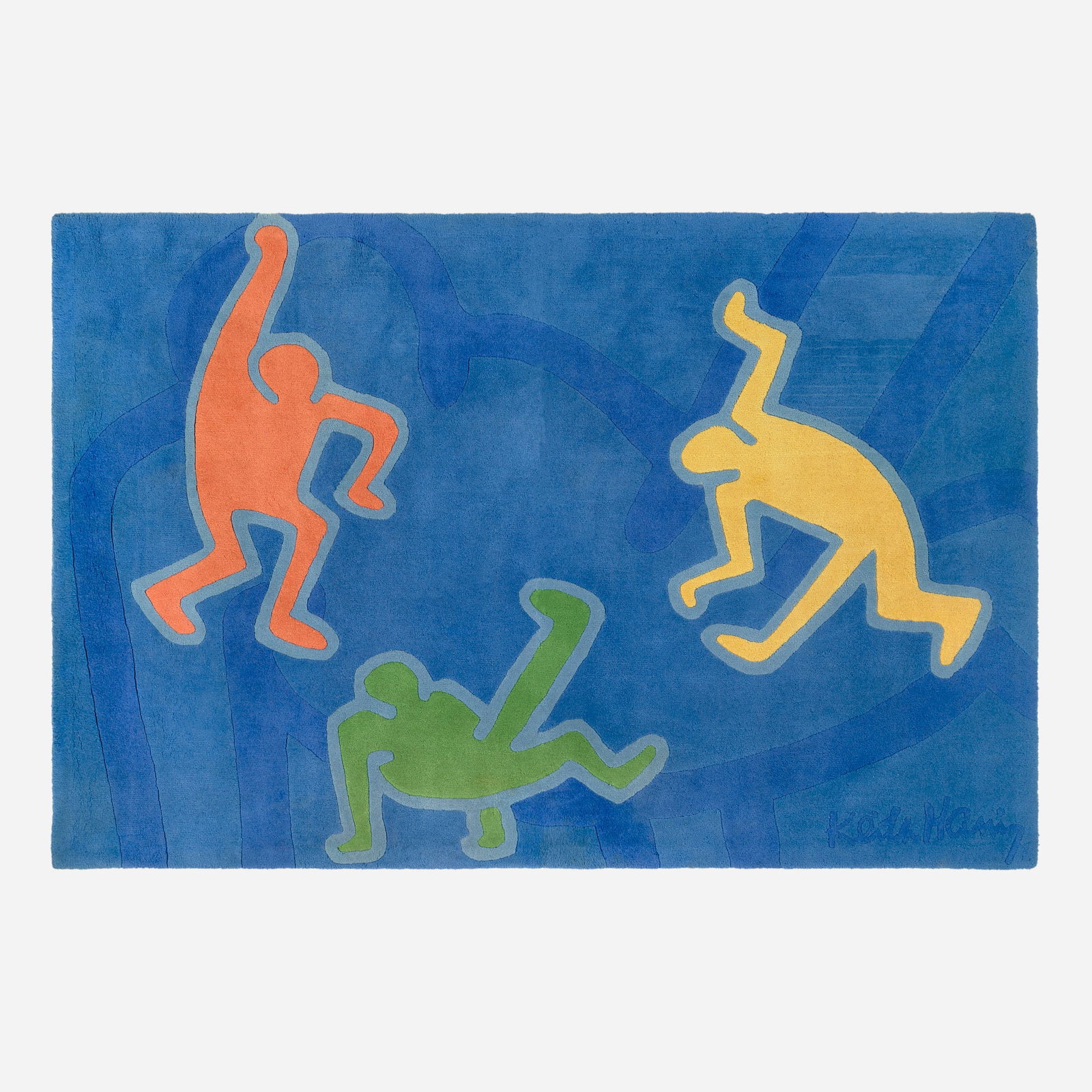 After Keith Haring, Breakdance carpet: After Keith Haring Breakdance carpet c. 1987 machine-knotted wool 5'5" x 8'2" in (165 x 249 cm) Woven signature to lower right 'Keith Haring'. This work is from the edition of approxi