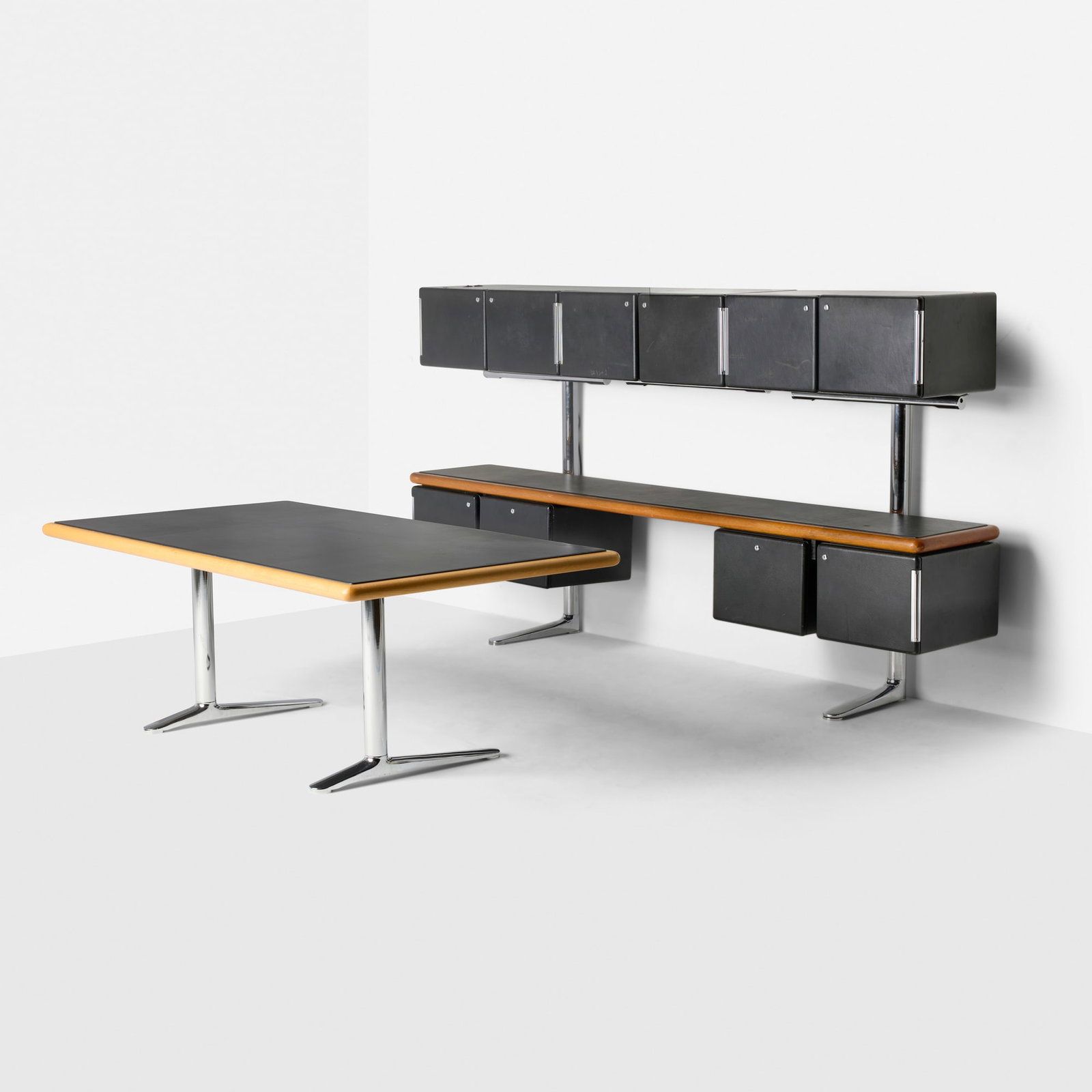 Warren Platner, Desk and cabinet from the Platner Executive collection: Warren Platner Desk and cabinet from the Platner Executive collection Knoll International USA, 1974 chrome-plated steel, leather, oak desk: 29 h x 78 w x 42.5 d in (74 x 198 x 108 cm) cabinet: