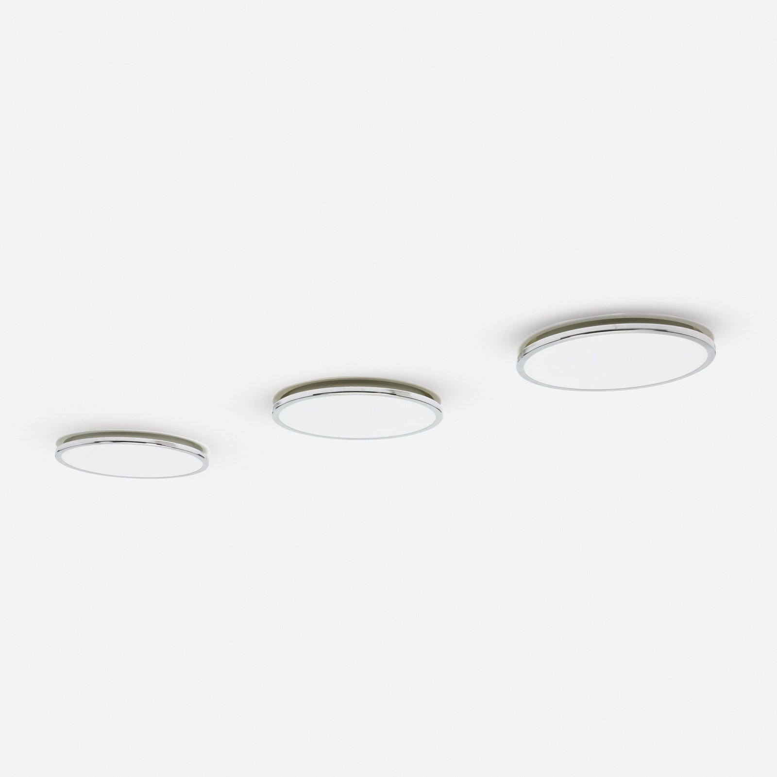 Arne Jacobsen, Munkegard ceiling lamps, set of three: Arne Jacobsen Munkegard ceiling lamps, set of three Louis Poulsen Denmark, 1955 / c. 1988 opaline glass, enameled aluminum, chrome-plated copper 5.25 h x 10.5 dia in (13 x 27 cm) Paper ma