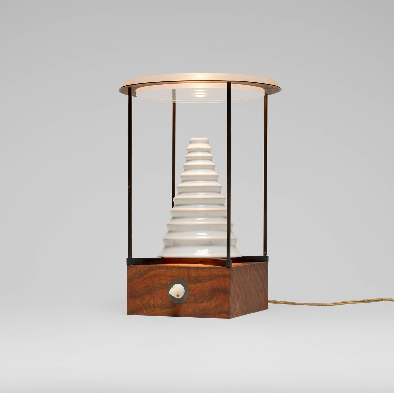 Garry Knox Bennett, Table lamp: Garry Knox Bennett Table lamp USA, 2003 walnut, enameled brass, porcelain, acrylic 12.5 h x 8.875 dia in (32 x 23 cm) Signed, dated and inscribed to underside 'In Oakland GKB Anno 03 #829&